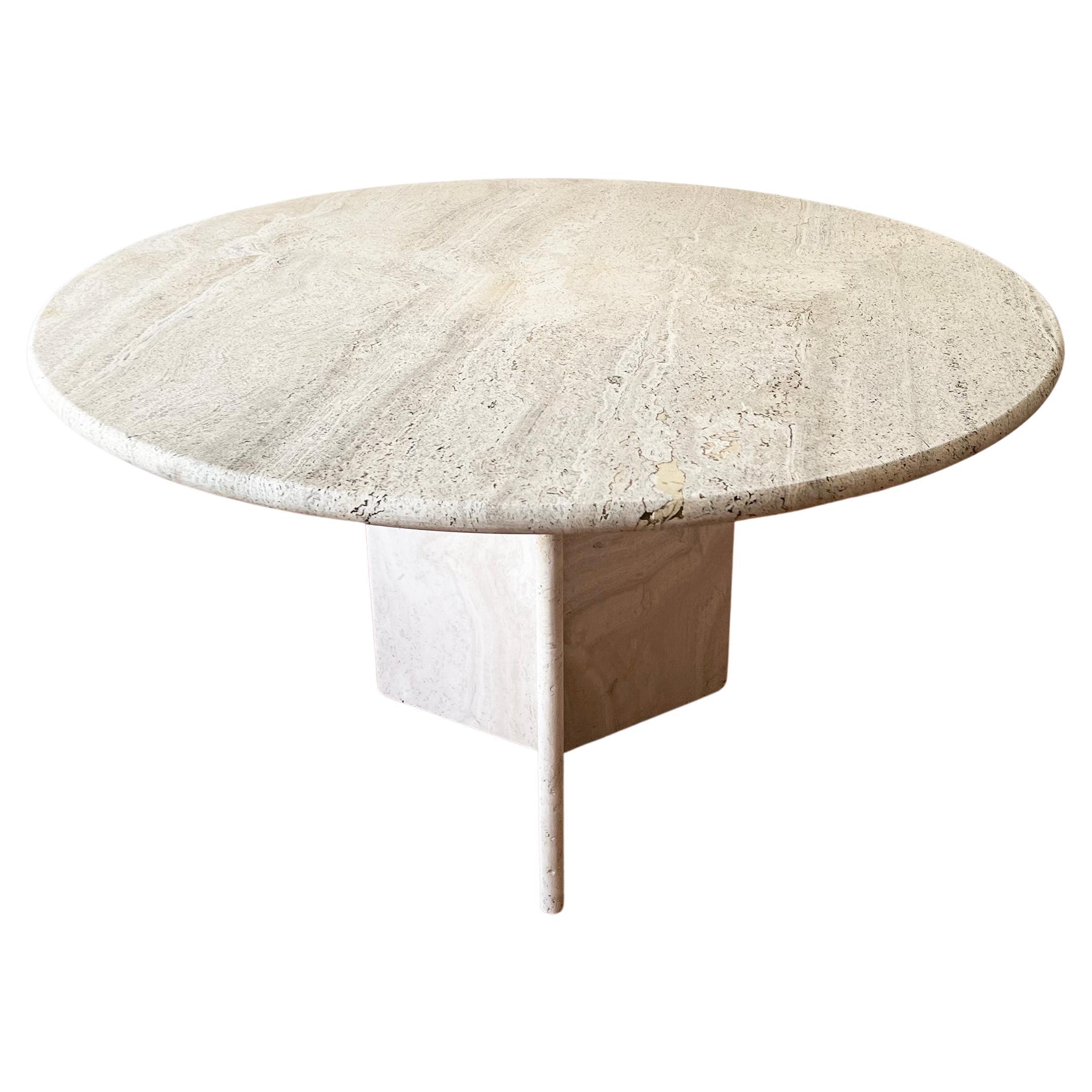 Postmodern 1970s Cream Off White Round Travertine Dining Table, Pedestal Base For Sale