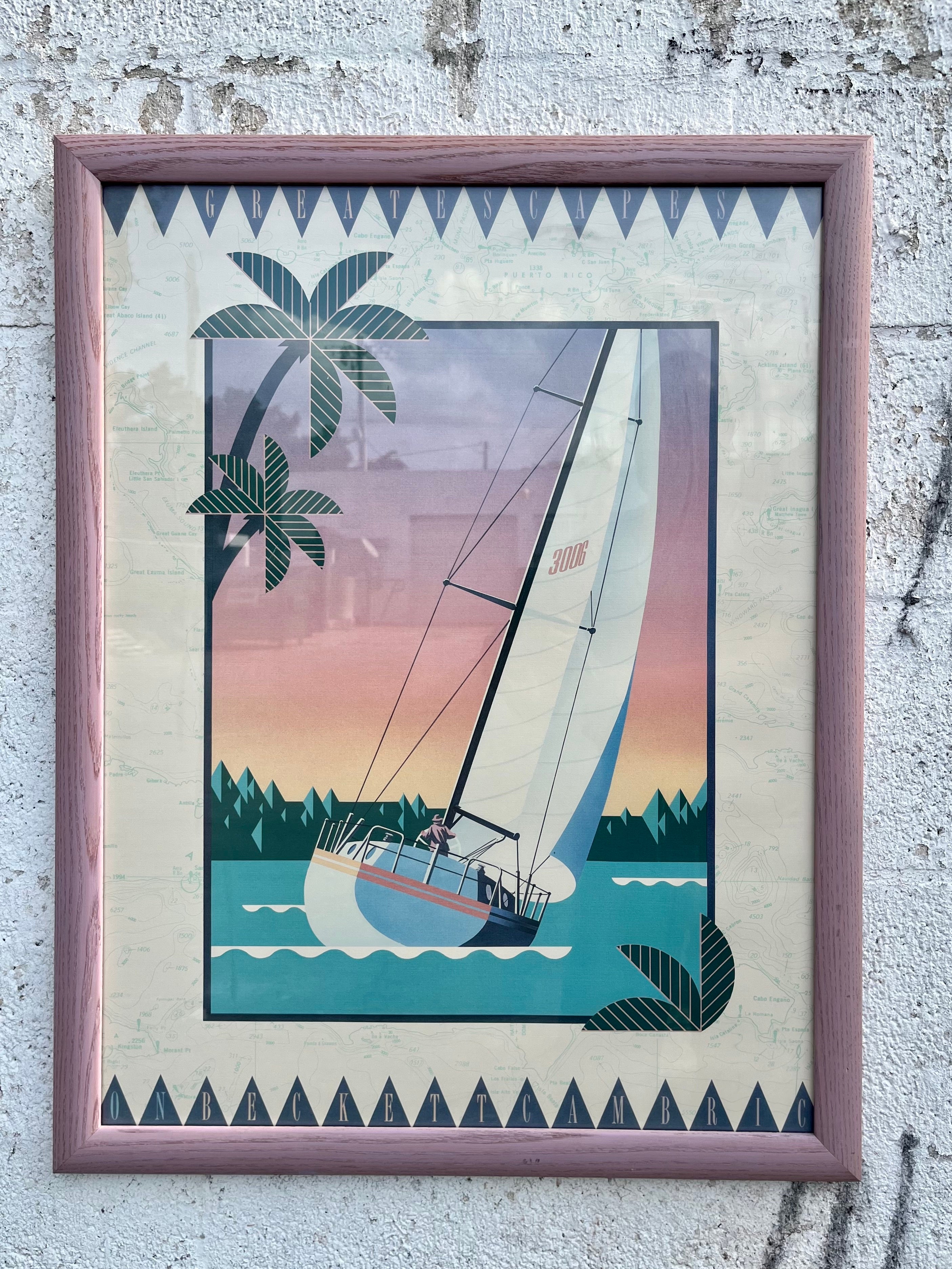 Vintage Postmodern /1980s Art Deco Revival Inspired Great Escapes on Beckett Cambric Paper Framed Print. 
Features the image of a sealing boat superposed over a Caribbean Sea Cartography Map, protected with a glass, and framed with a light purple