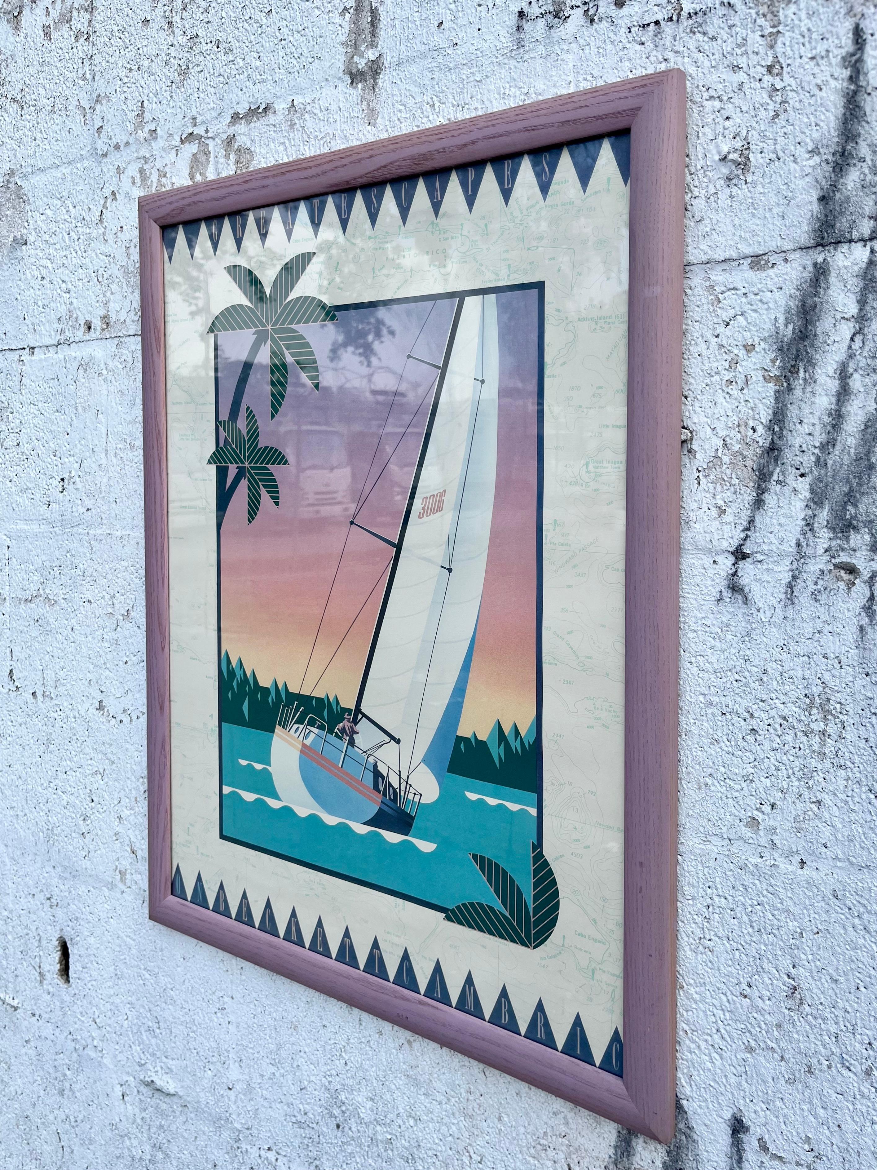 Postmodern 1980s Art Deco Revival Great Escapes on Beckett Cambric Framed Print In Good Condition For Sale In Miami, FL