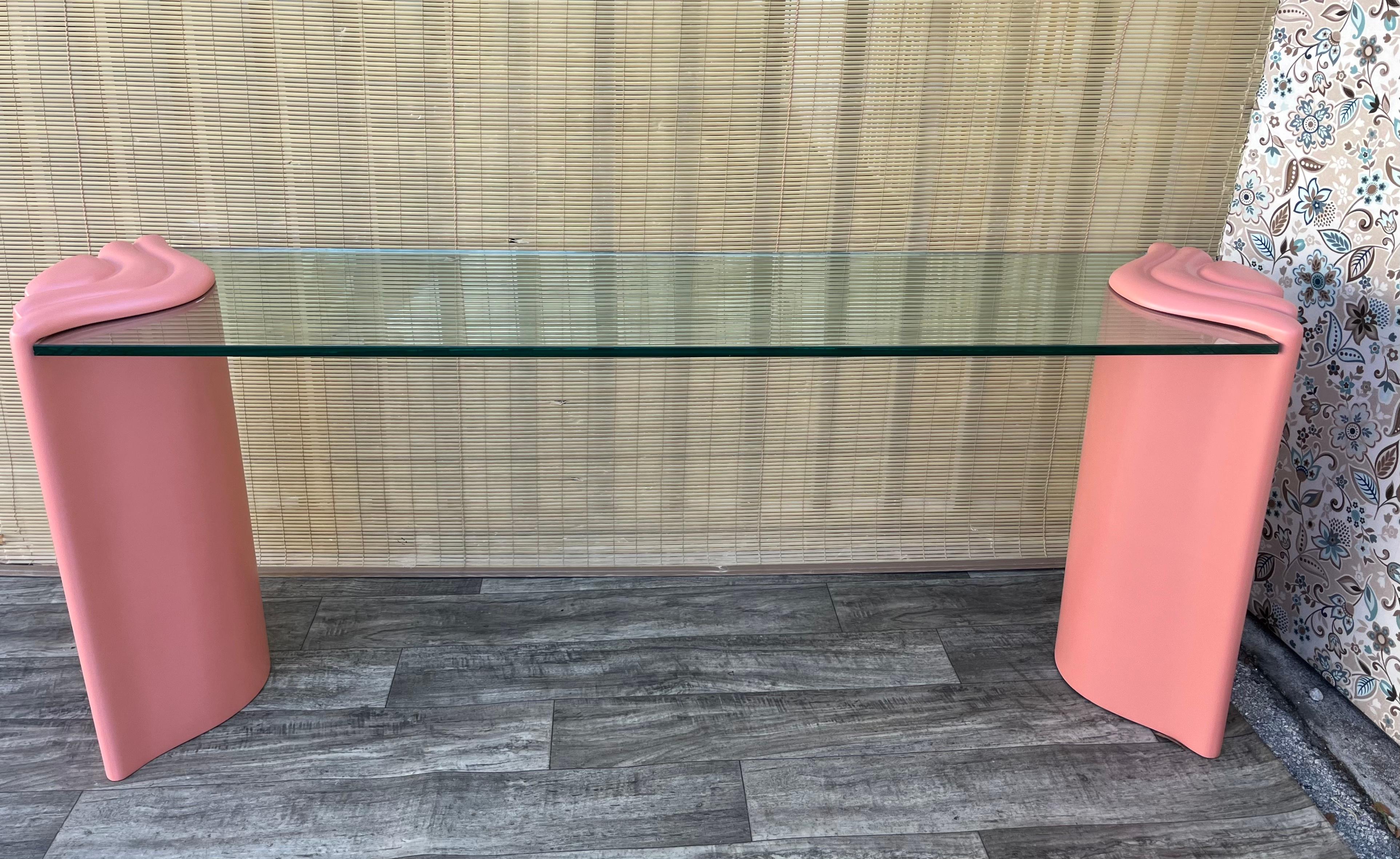 Vintage Postmodern 1980s Art Deco Revival Style Console/ Entry Table. Circa 1980s 
Features two Art Deco-inspired soft pink columns supporting a 5/8