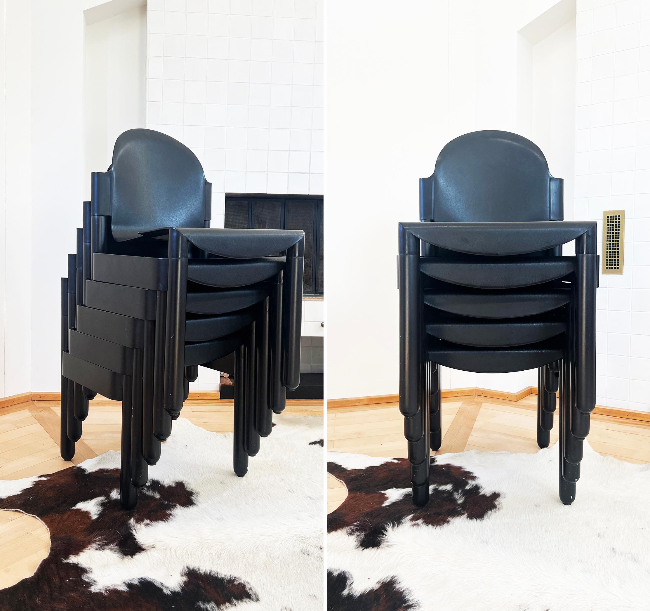 Excellent set of 6 Flex 2000 Stacking Chairs by Gerd Lange for Thonet, with Solid Black wooden frames and black seats. No longer produced, Rare items. VERY hard to find in solid black. Very Chic!

Designed by Gerd Lange in 1983, manufactured in