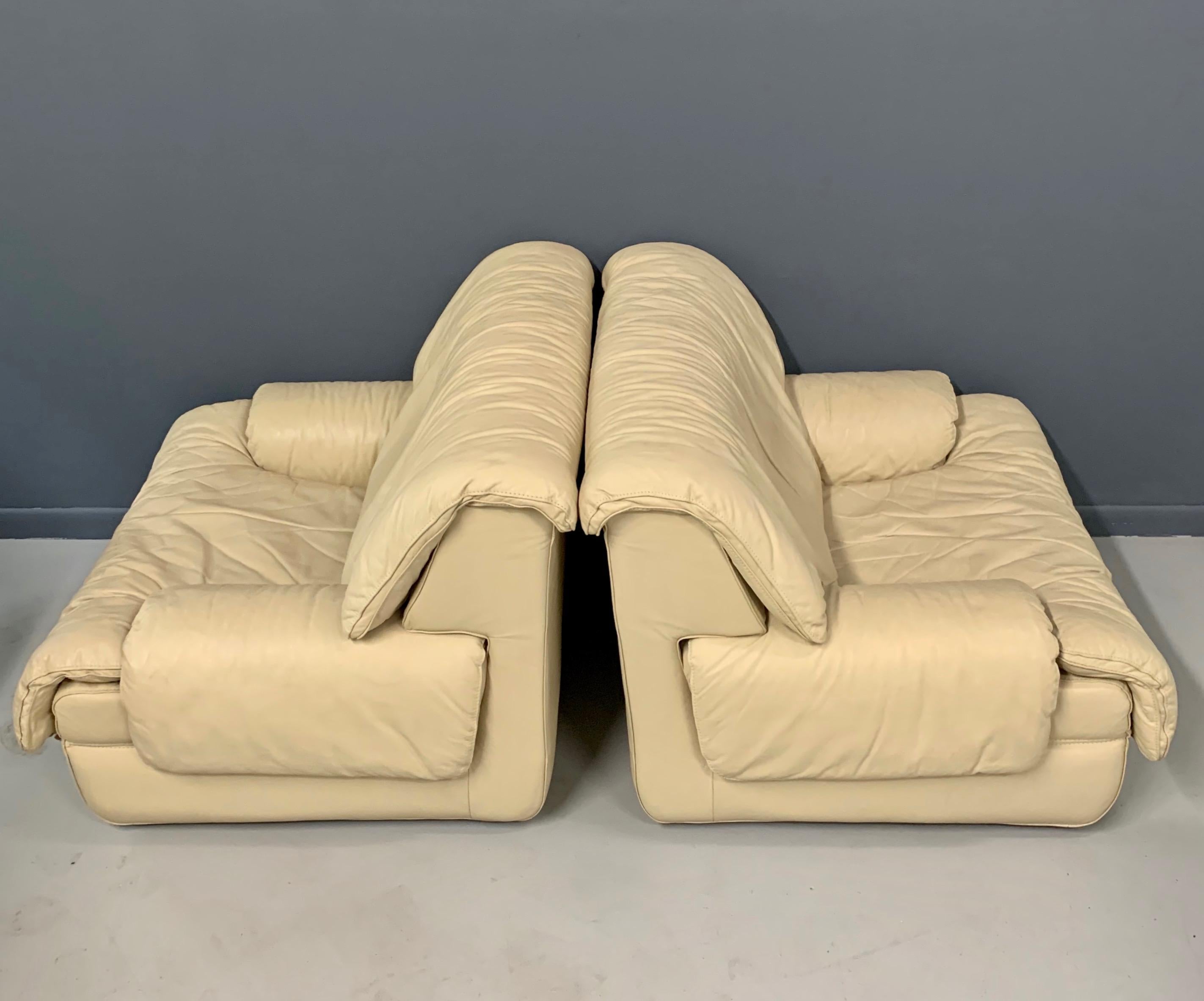 European Postmodern 1980s Lounge Chairs with Ottomans by Roche Bobois in Soft Leather