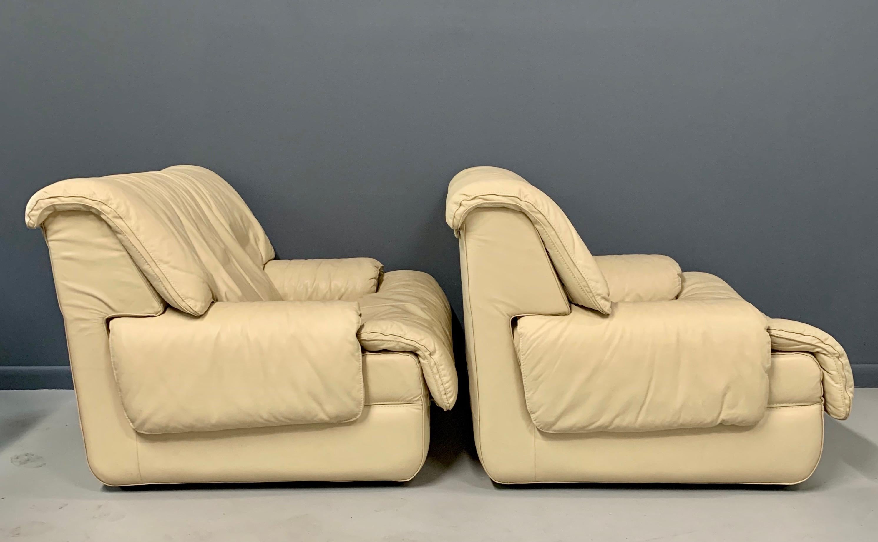 Postmodern 1980s Lounge Chairs with Ottomans by Roche Bobois in Soft Leather In Good Condition In Philadelphia, PA