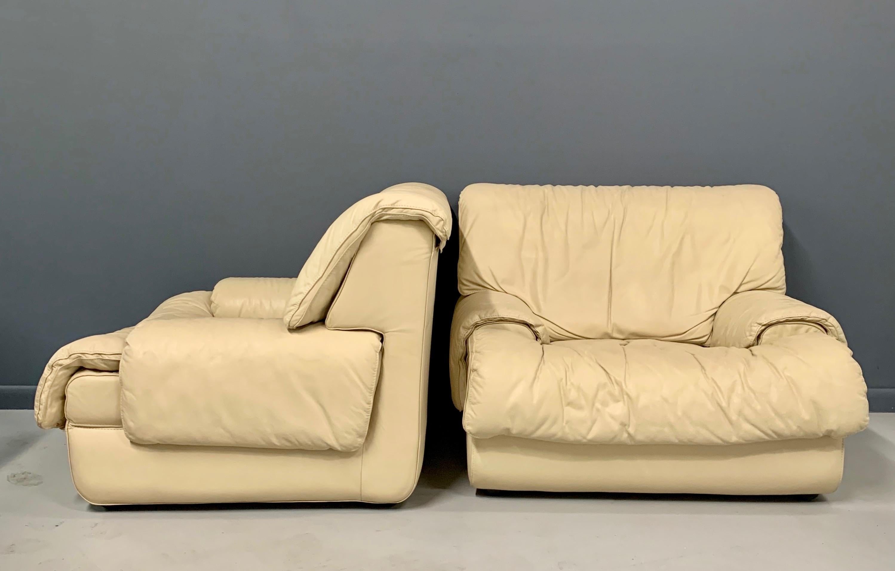 20th Century Postmodern 1980s Lounge Chairs with Ottomans by Roche Bobois in Soft Leather
