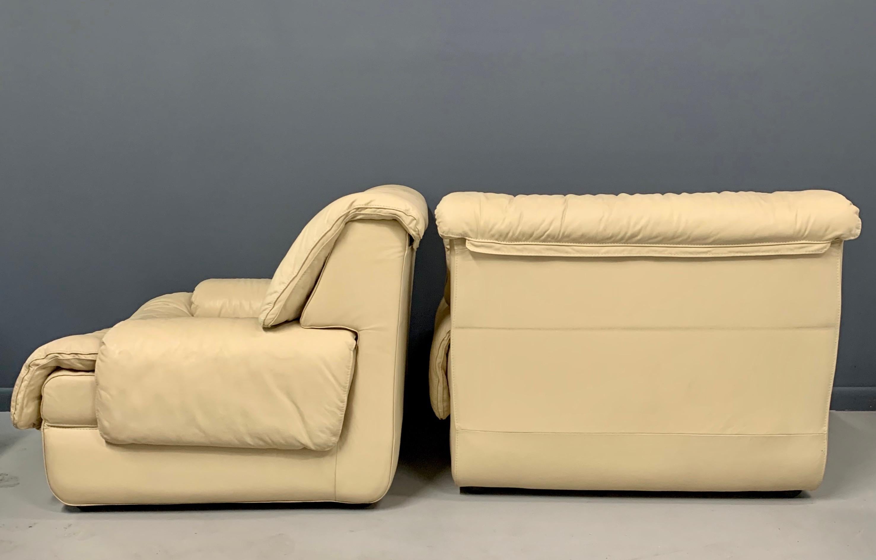 Postmodern 1980s Lounge Chairs with Ottomans by Roche Bobois in Soft Leather 1