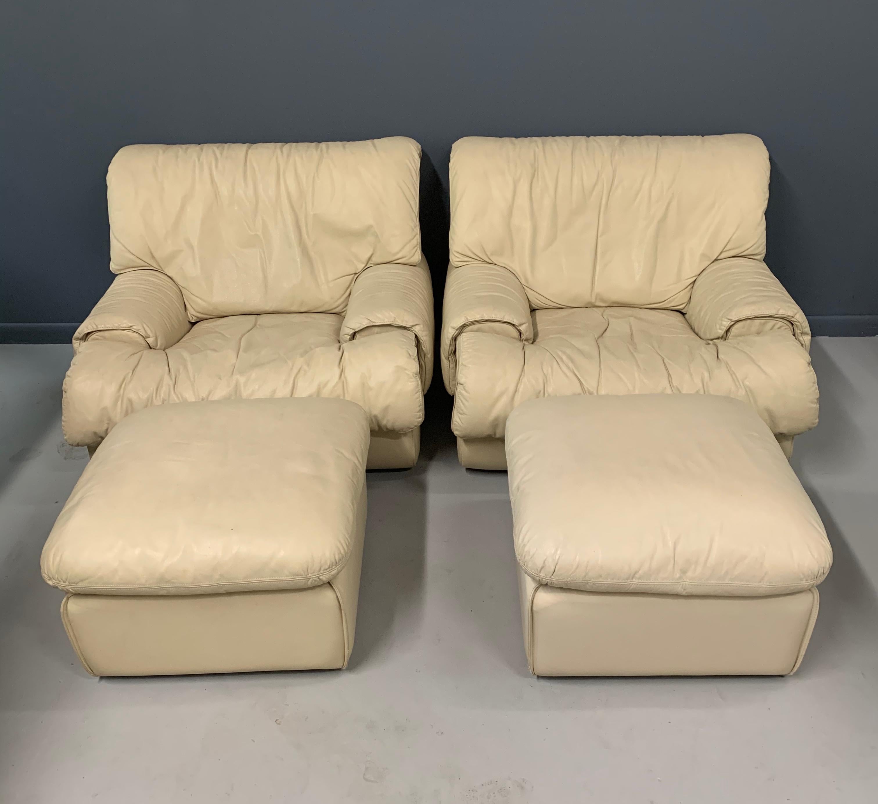 Postmodern 1980s Lounge Chairs with Ottomans by Roche Bobois in Soft Leather 2