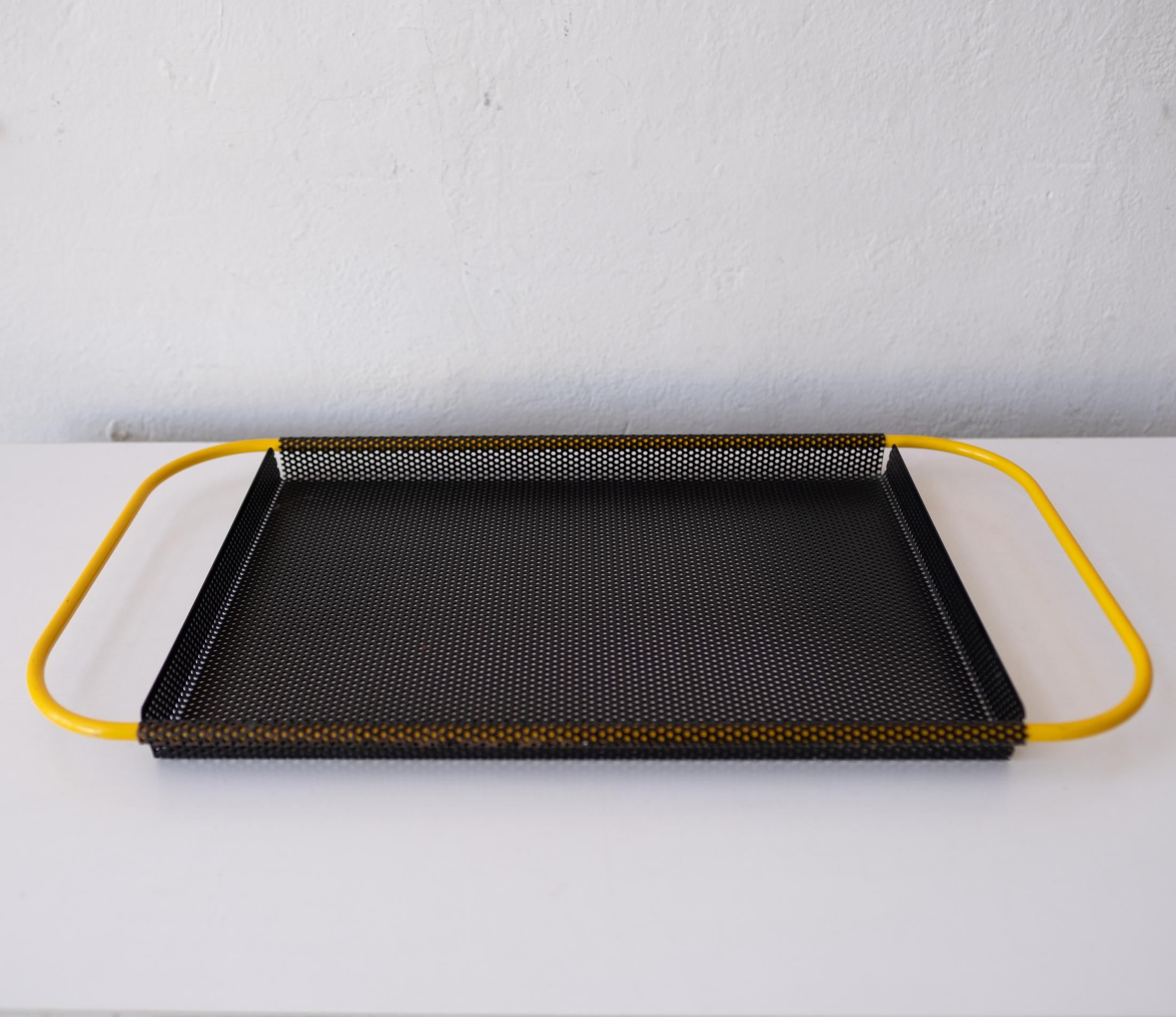 Post-Modern yellow and black perforated metal tray. 1980s.