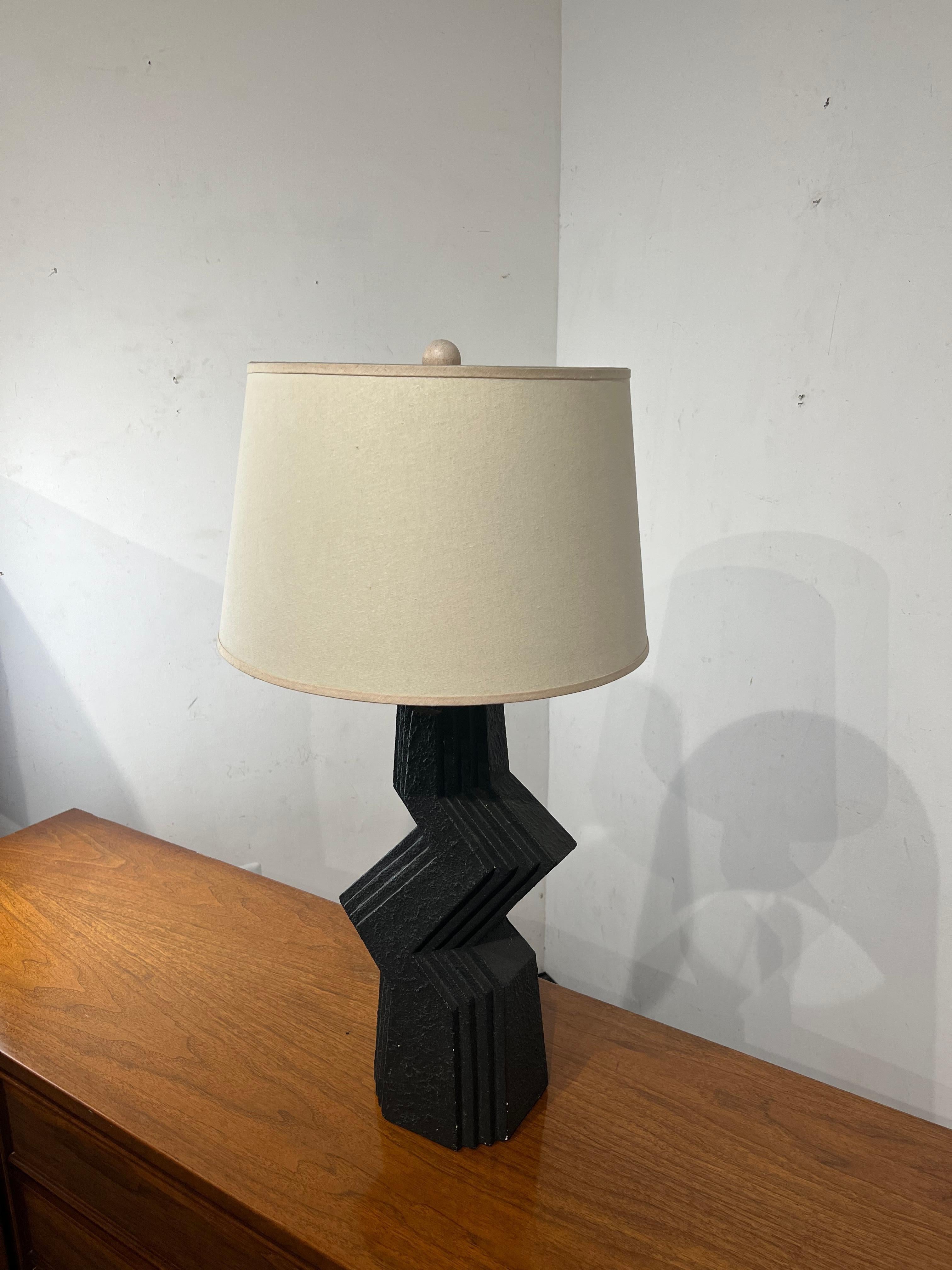 Handmade by Veras Art Studios.
With original Lamp Shade and original lamp finial. Matte black finish. 

32 5/8”H 
11” L x 7”W

Base: 7” L x 7” W 
