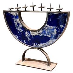 Postmodern 2000s Menorah Seven Arm Blue Fused Art Glass Bronze signed
