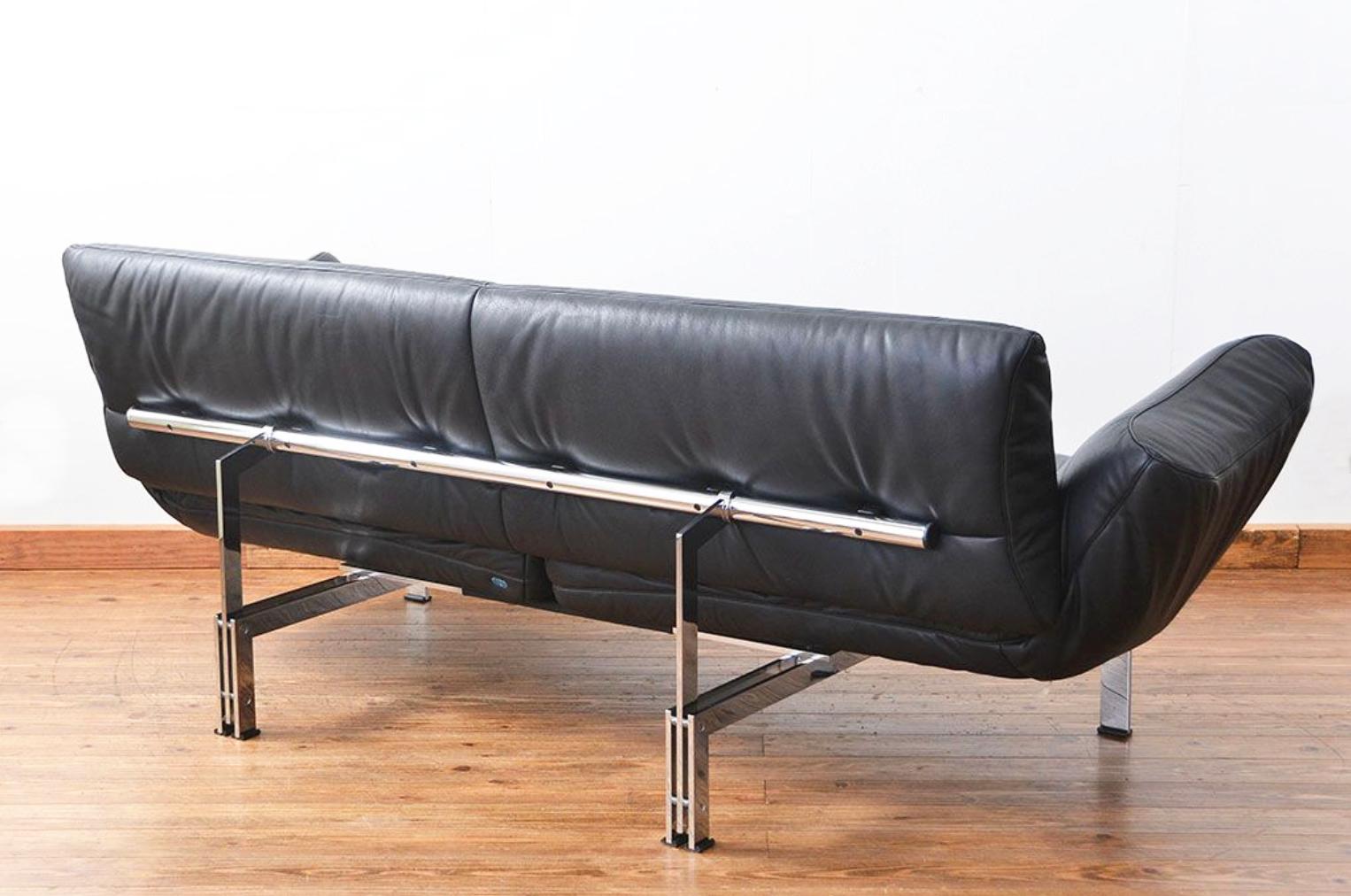 Postmodern 80s Convertible Black Leather + Chrome DeSede Ds140 Sofa Reto Frigg For Sale 4