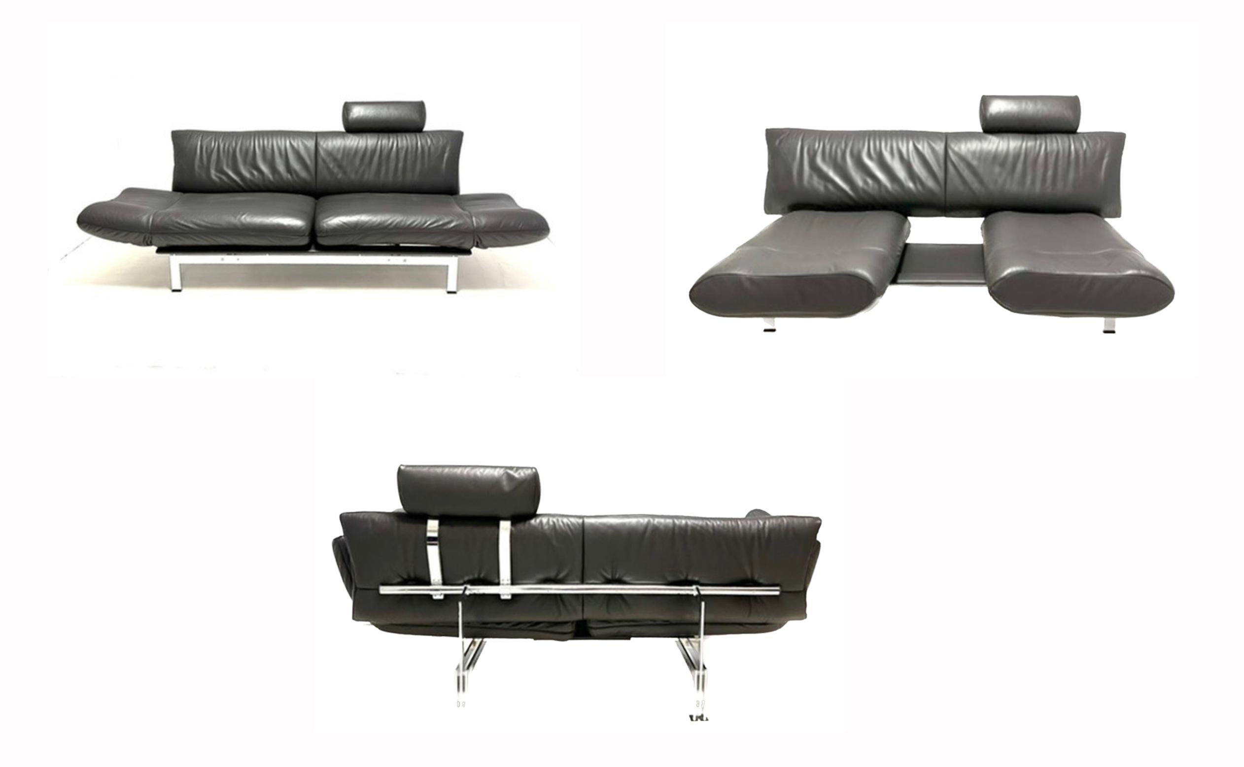 Very beautiful original 1980s DeSede Designer original by Rito Frigg in beautiful black leather-- with a Chrome frame. This sofa is extremely versatile and it converts into various configurations, to your desires!

This piece also features the