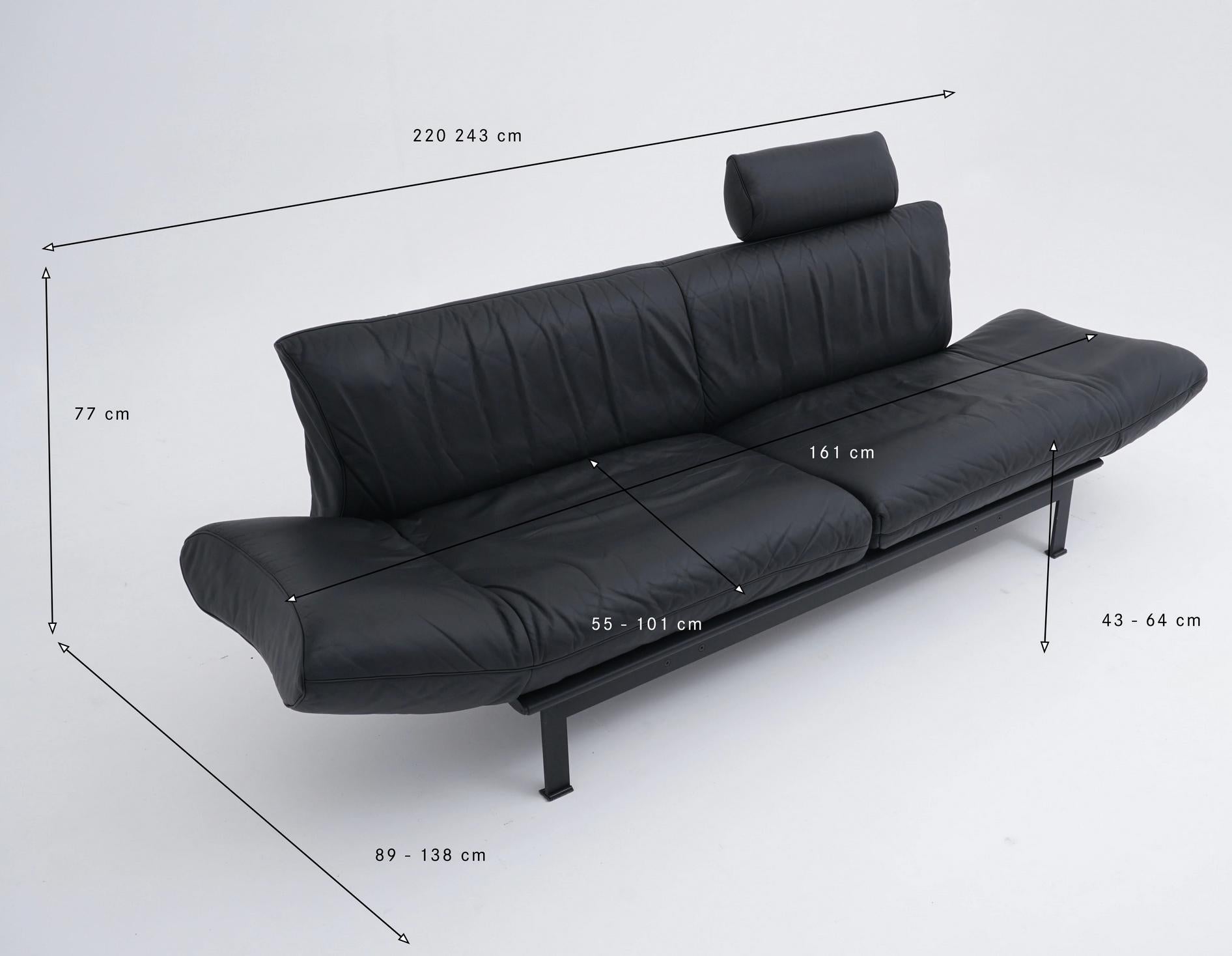 Swiss Postmodern 80s Convertible Black Leather + Chrome DeSede Ds140 Sofa Reto Frigg For Sale