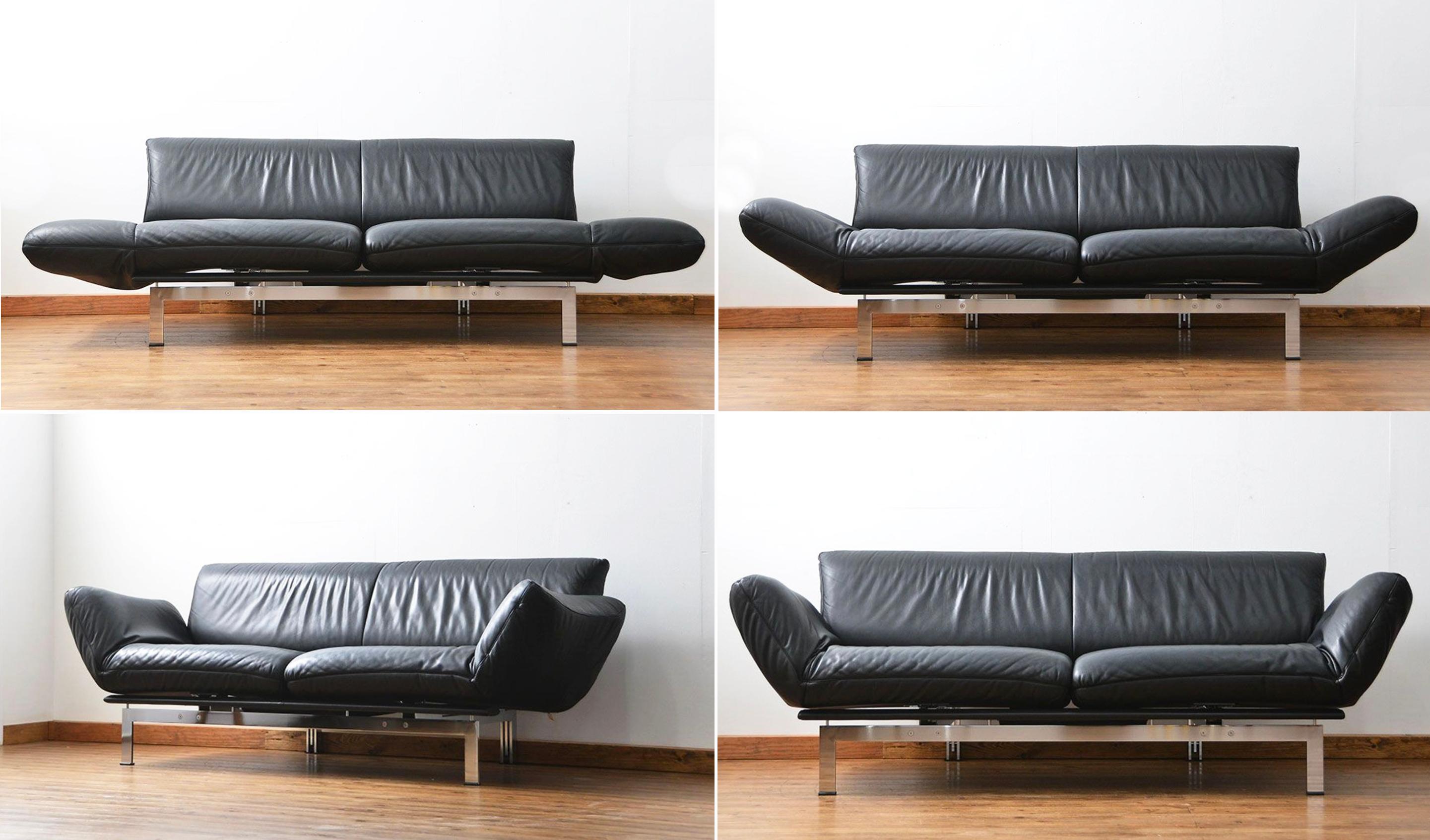 Postmodern 80s Convertible Black Leather + Chrome DeSede Ds140 Sofa Reto Frigg In Good Condition For Sale In Basel, BS