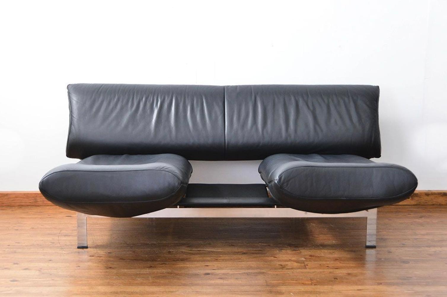 Late 20th Century Postmodern 80s Convertible Black Leather + Chrome DeSede Ds140 Sofa Reto Frigg For Sale