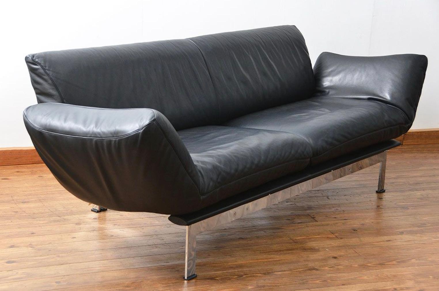 Postmodern 80s Convertible Black Leather + Chrome DeSede Ds140 Sofa Reto Frigg For Sale 2