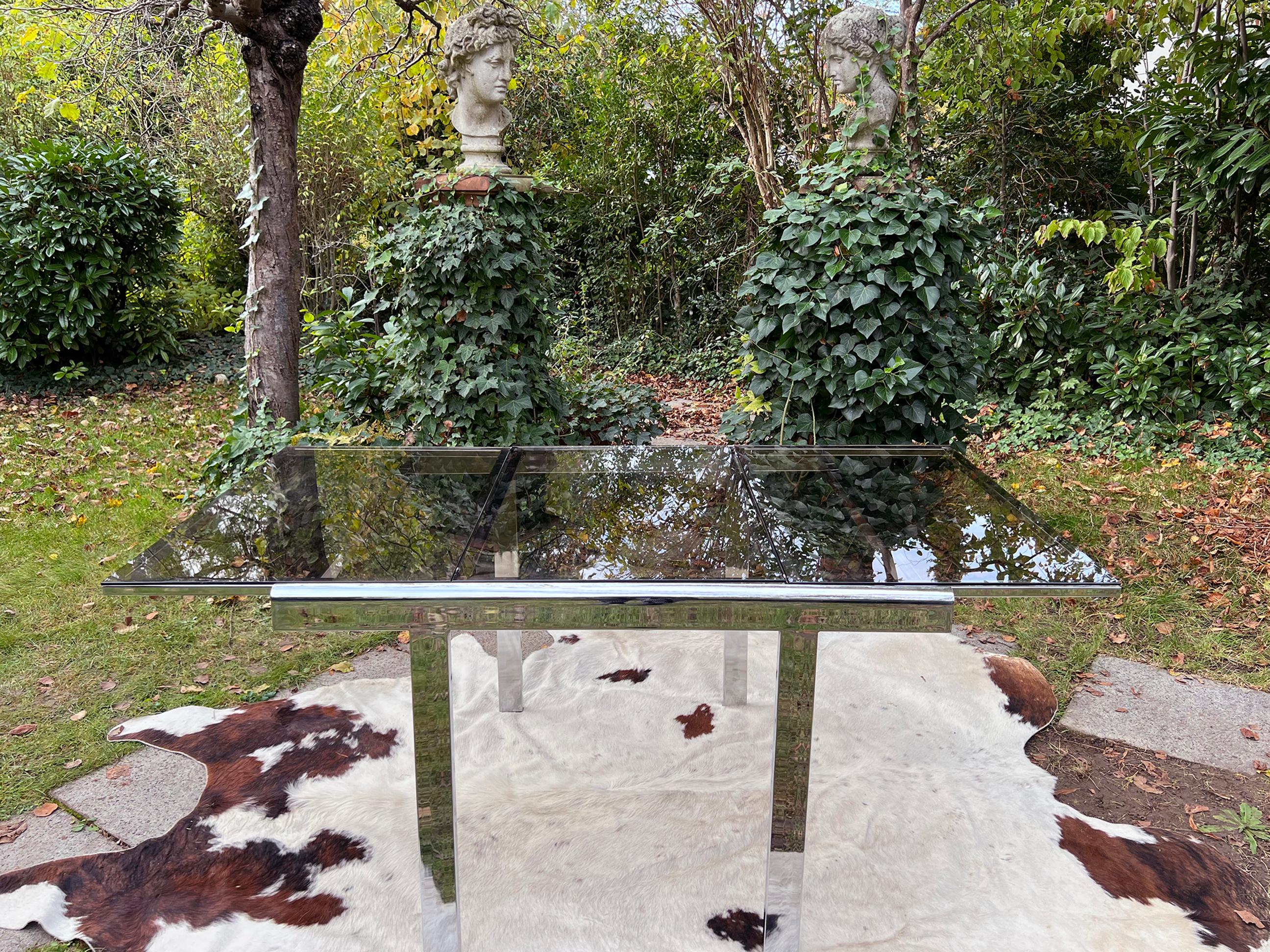 Postmodern 80s Milo Baughman Chrome + Glass Extendable Dining Table / Desk table For Sale 4