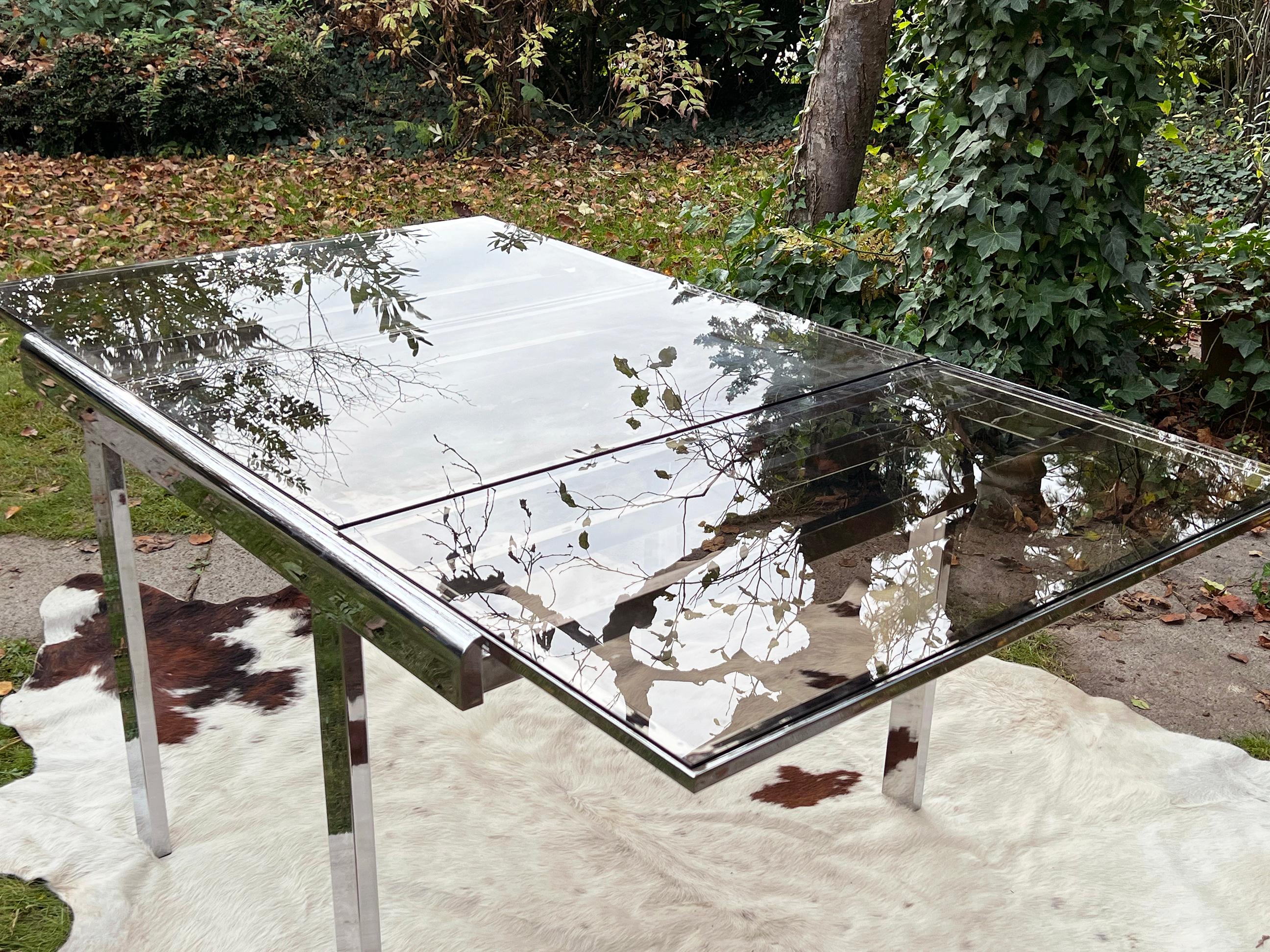 Postmodern 80s Milo Baughman Chrome + Glass Extendable Dining Table / Desk table For Sale 5