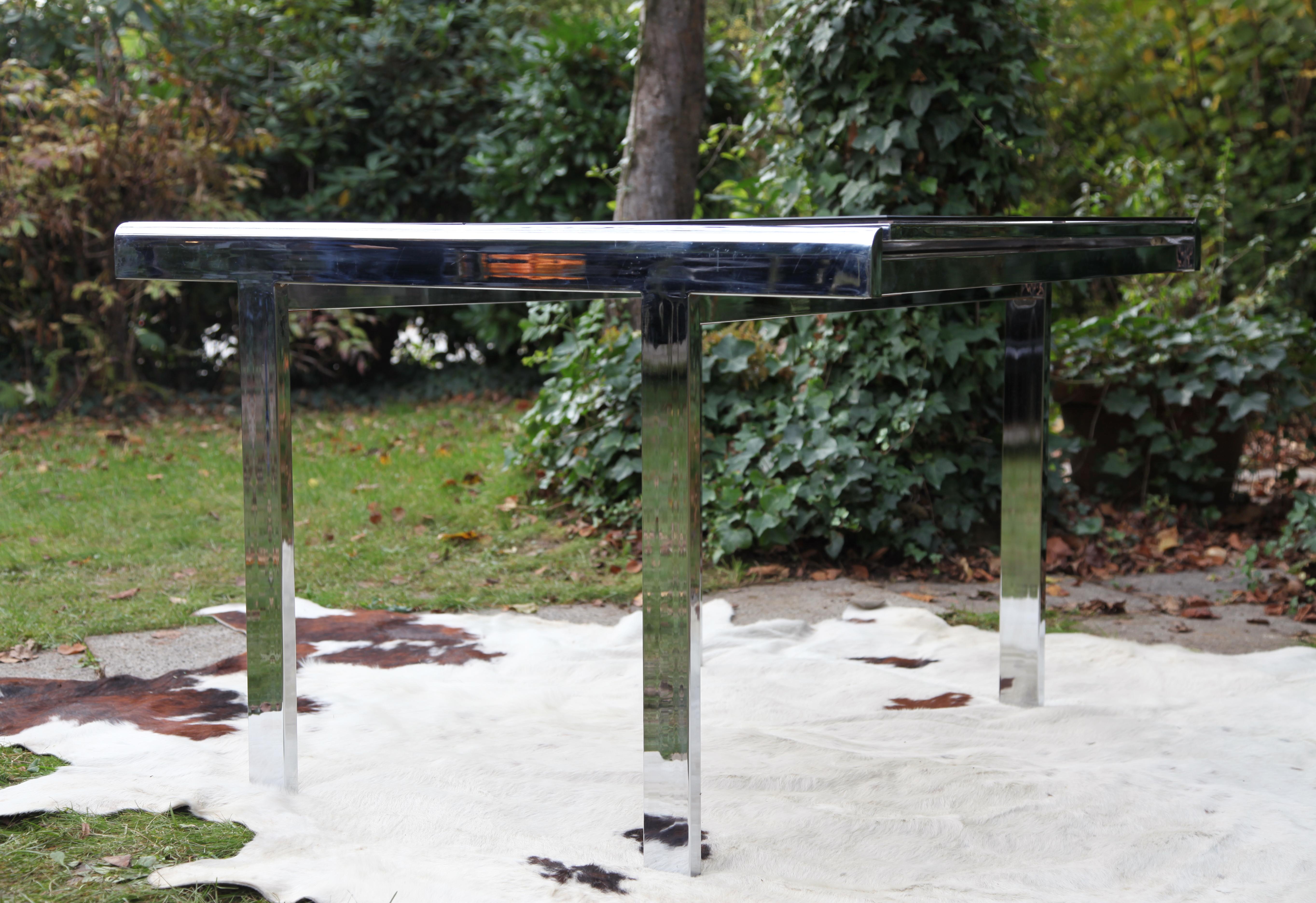 Post-Modern Postmodern 80s Milo Baughman Chrome + Glass Extendable Dining Table / Desk table For Sale
