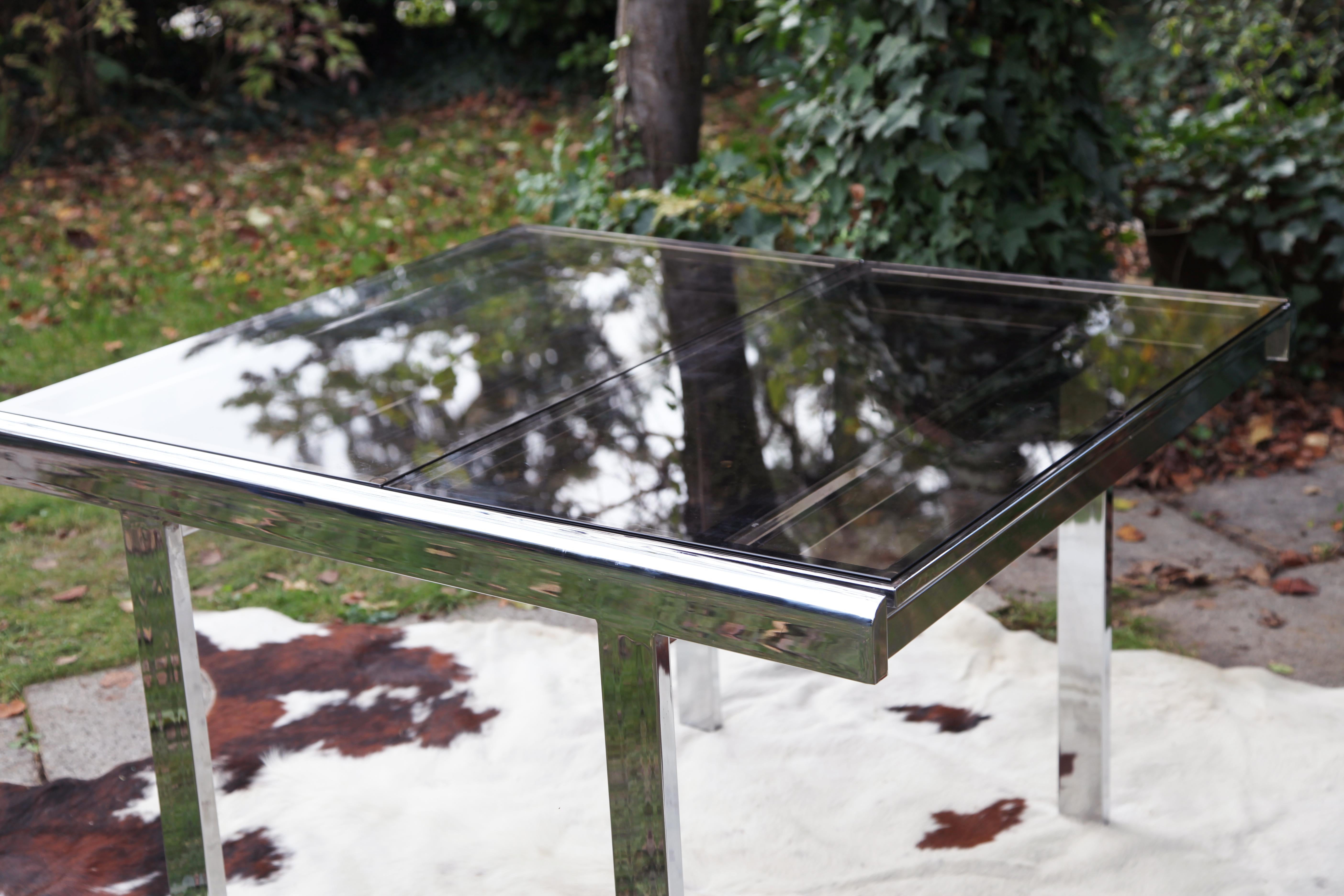 Unknown Postmodern 80s Milo Baughman Chrome + Glass Extendable Dining Table / Desk table For Sale
