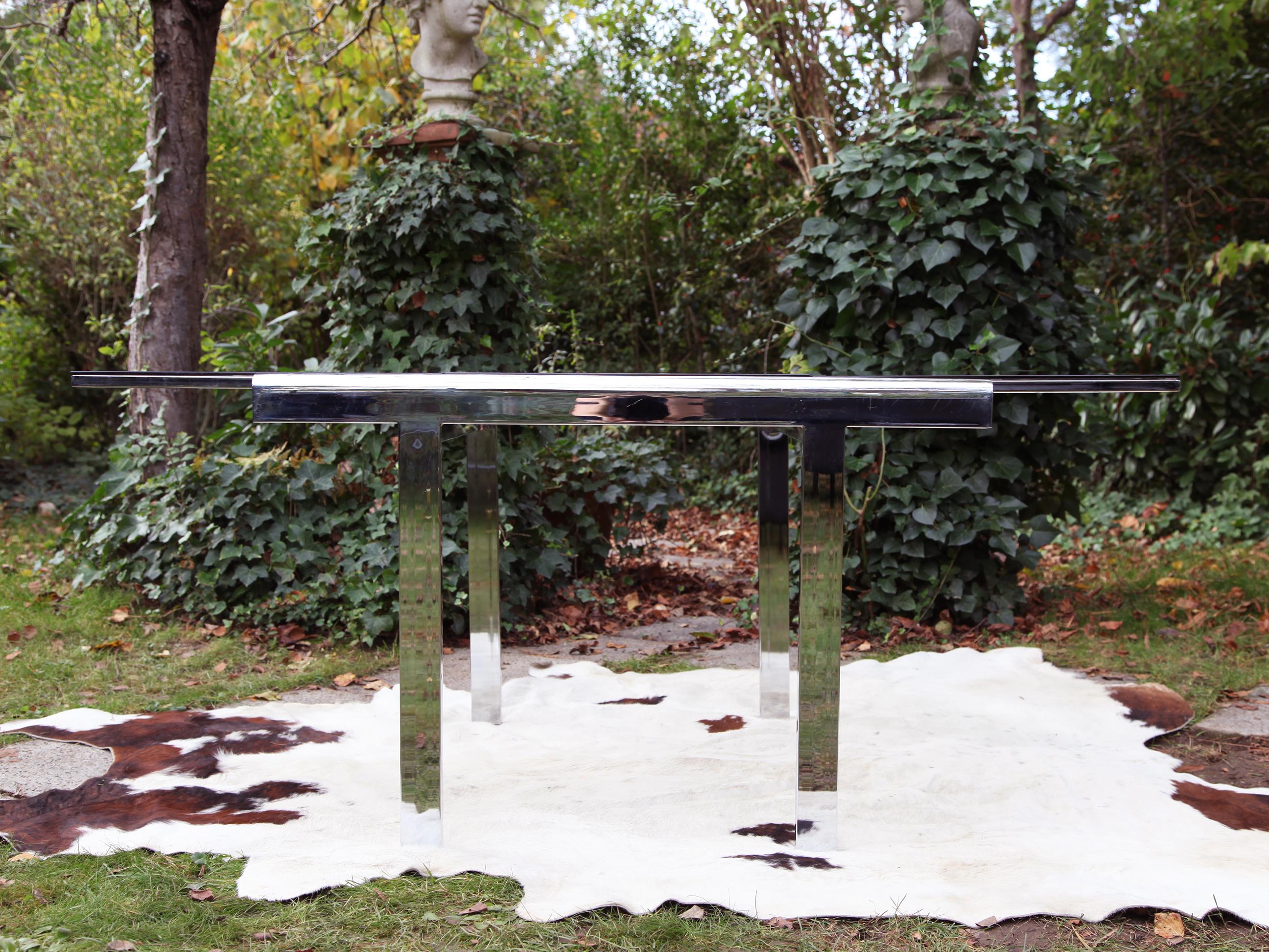 Late 20th Century Postmodern 80s Milo Baughman Chrome + Glass Extendable Dining Table / Desk table For Sale