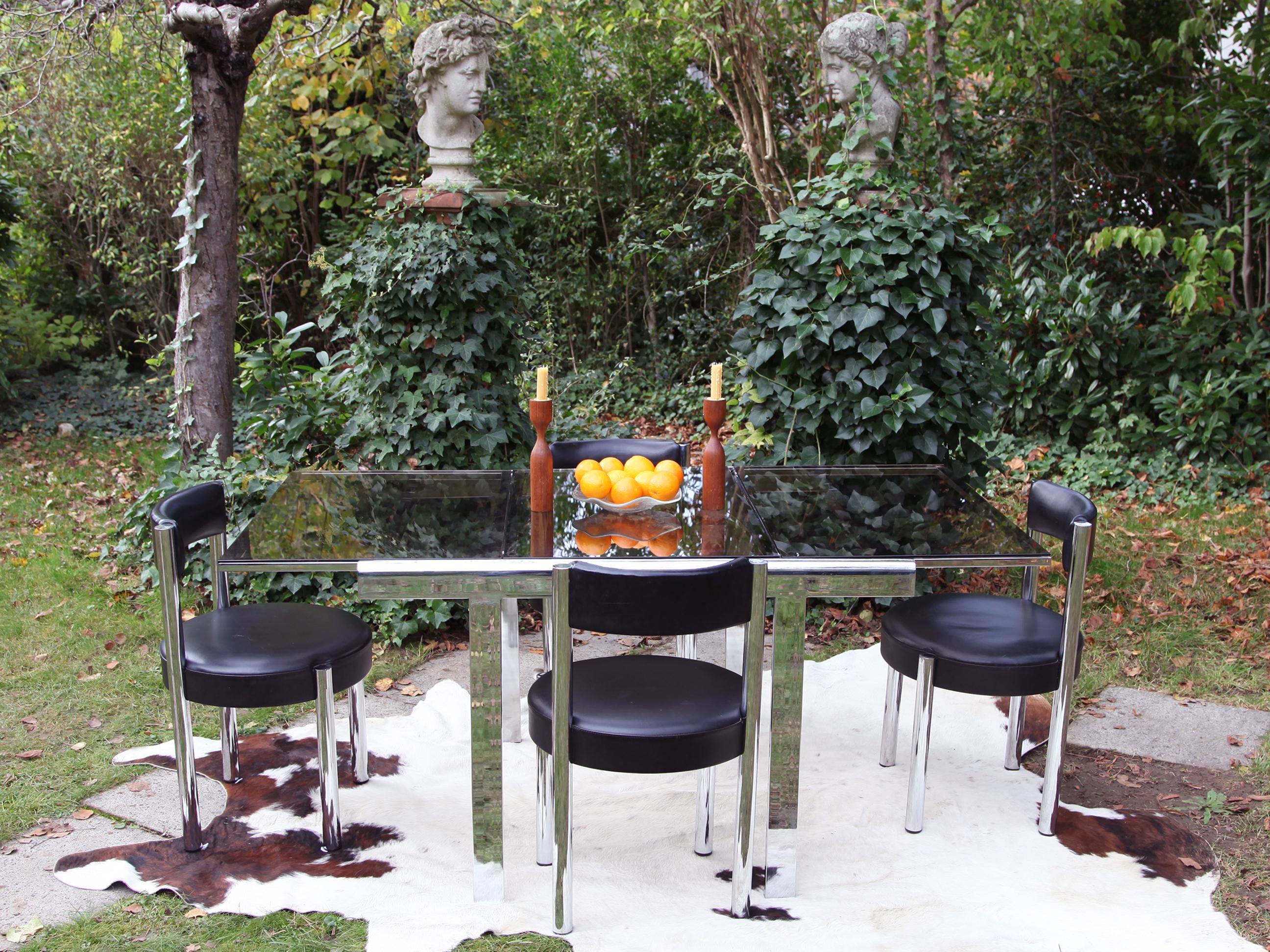 Smoked Glass Postmodern 80s Milo Baughman Chrome + Glass Extendable Dining Table / Desk table For Sale