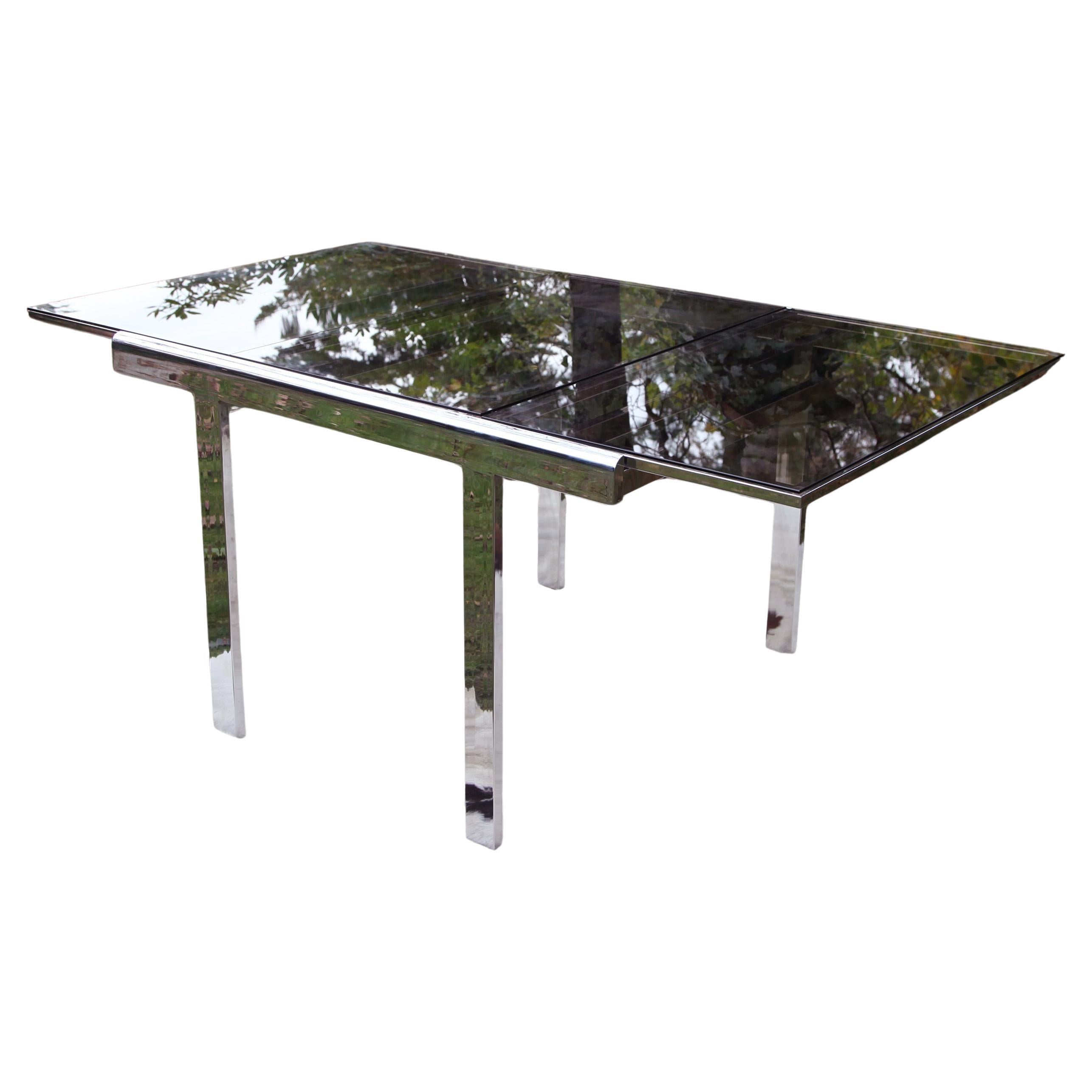 Postmodern 80s Milo Baughman Chrome + Glass Extendable Dining Table / Desk table For Sale