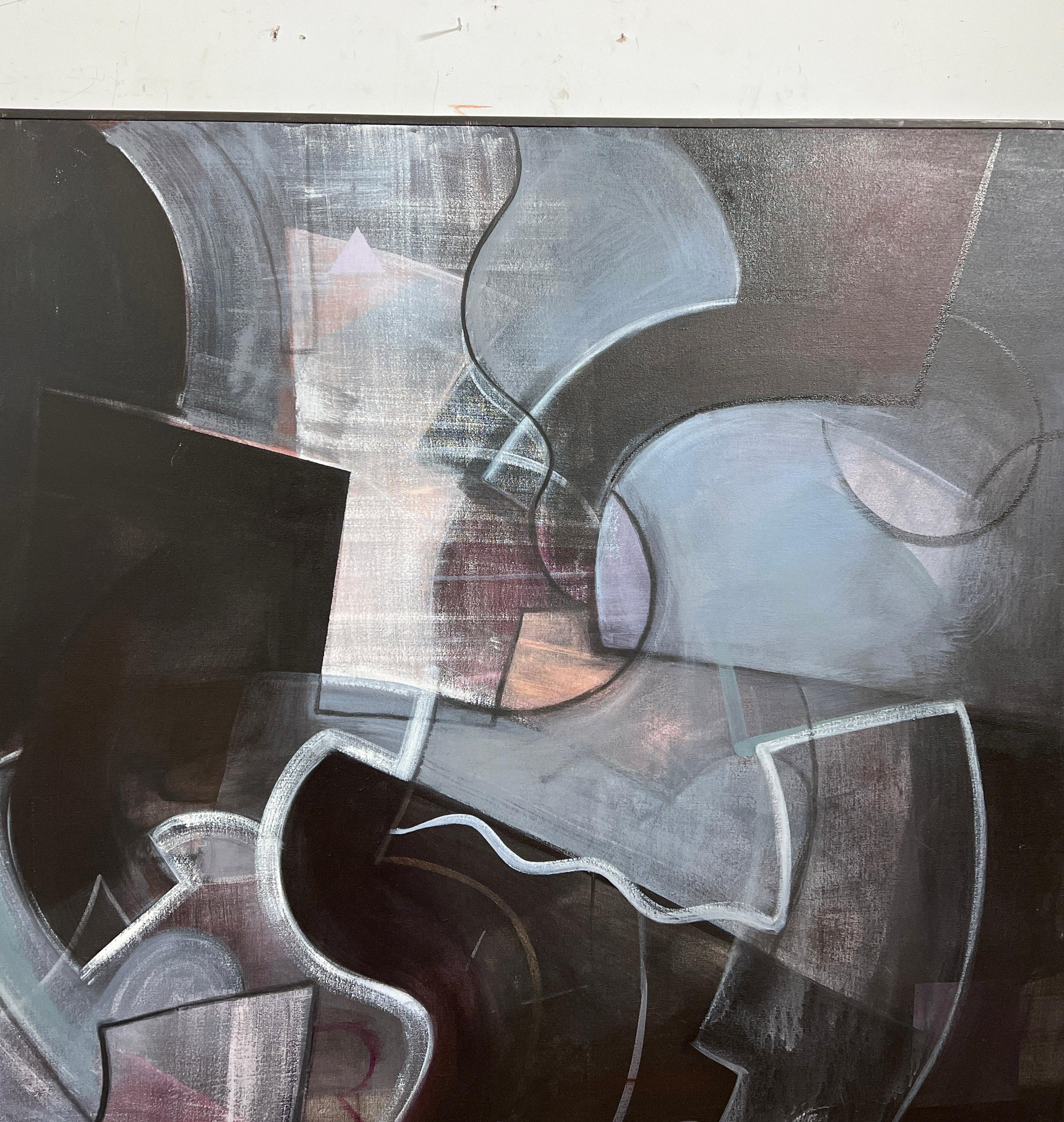 Postmodern Abstract Canvas Signed R. Lerner, Dated 1986 In Good Condition For Sale In Peabody, MA