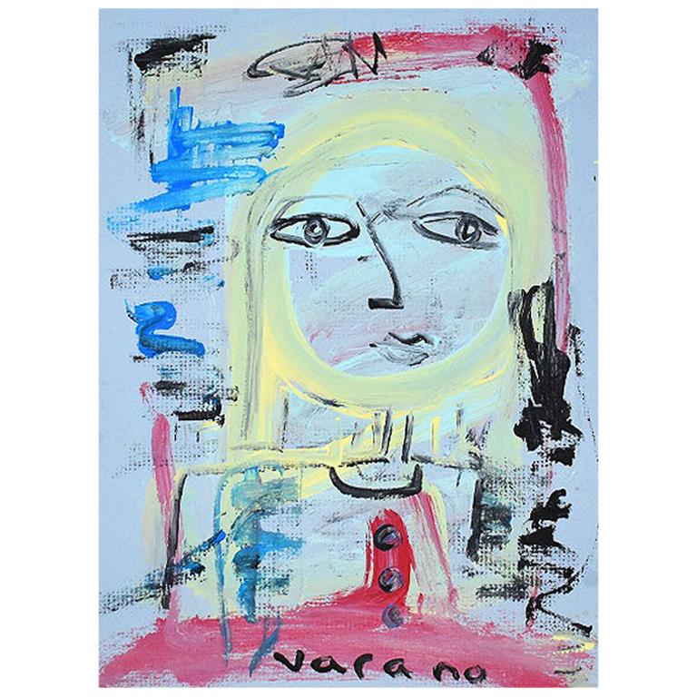 Peinture de portrait cubiste abstrait postmoderne et postmoderne d'une femme sur bleu en vente