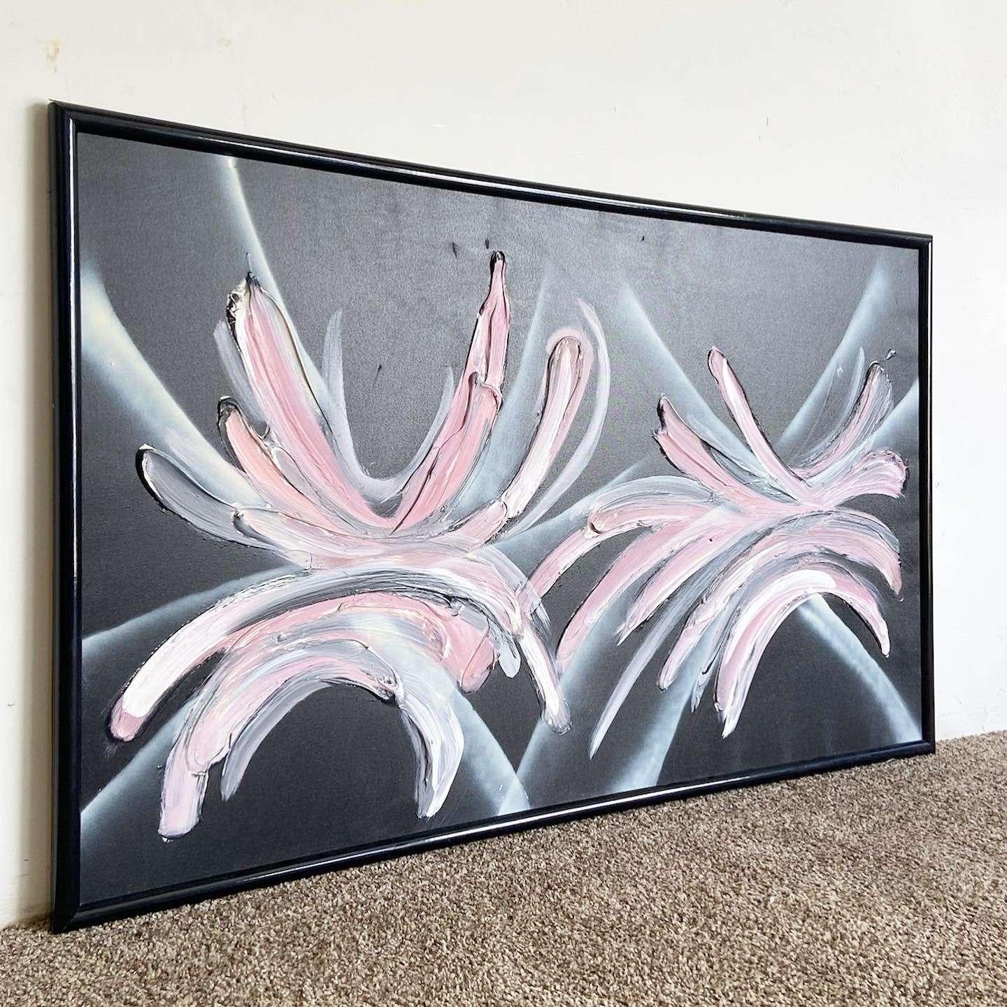 Amazing vintage postmodern abstract hand painted and framed oil painting. Features think pink and white textured strobes over a black backdrop in a black frame. 