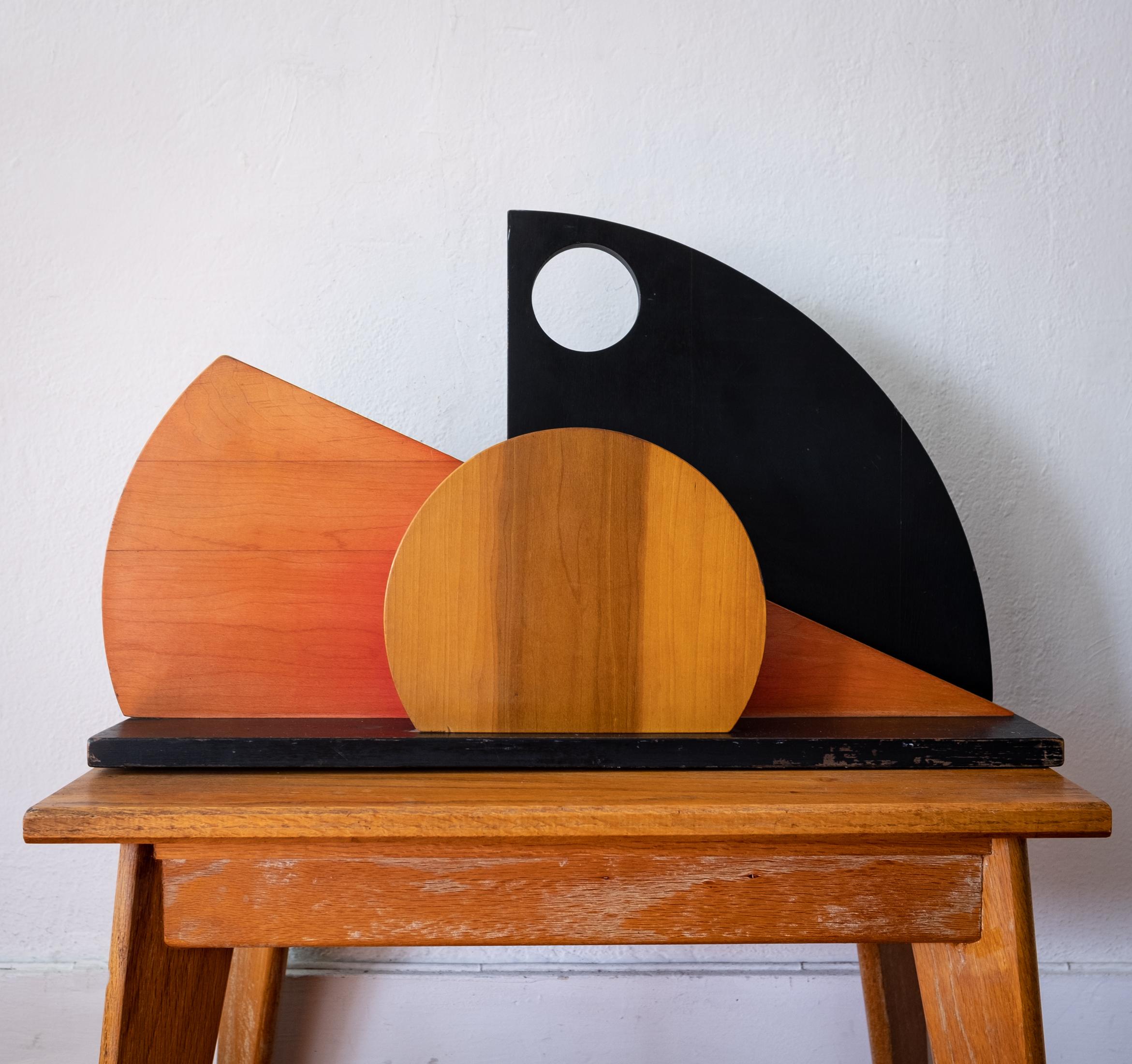 Postmodern abstract wood sculpture from the 1980s. Artist made with aniline black and red dyes. Unsigned.