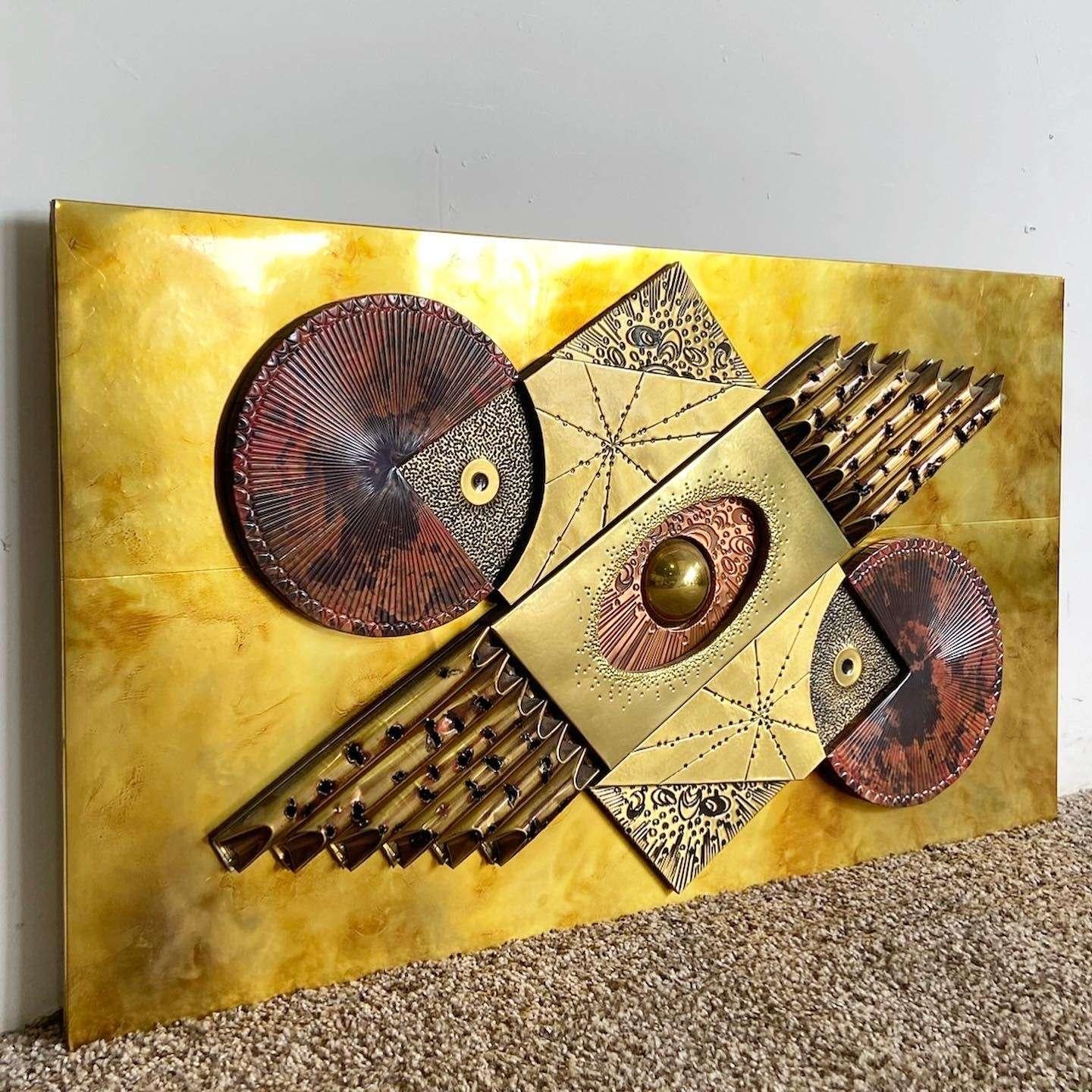 Wonderful piece of postmodern art work. Features a metallic copper, gold and brass abstract design comprised of shapes and textured.

