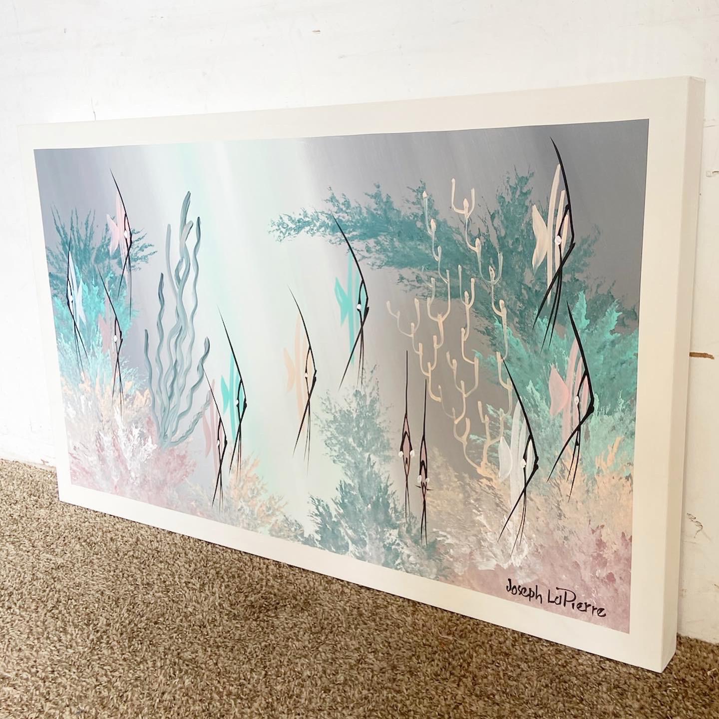 Postmoderne Peinture abstraite postmoderne signée représentant des poissons dans un récif en vente
