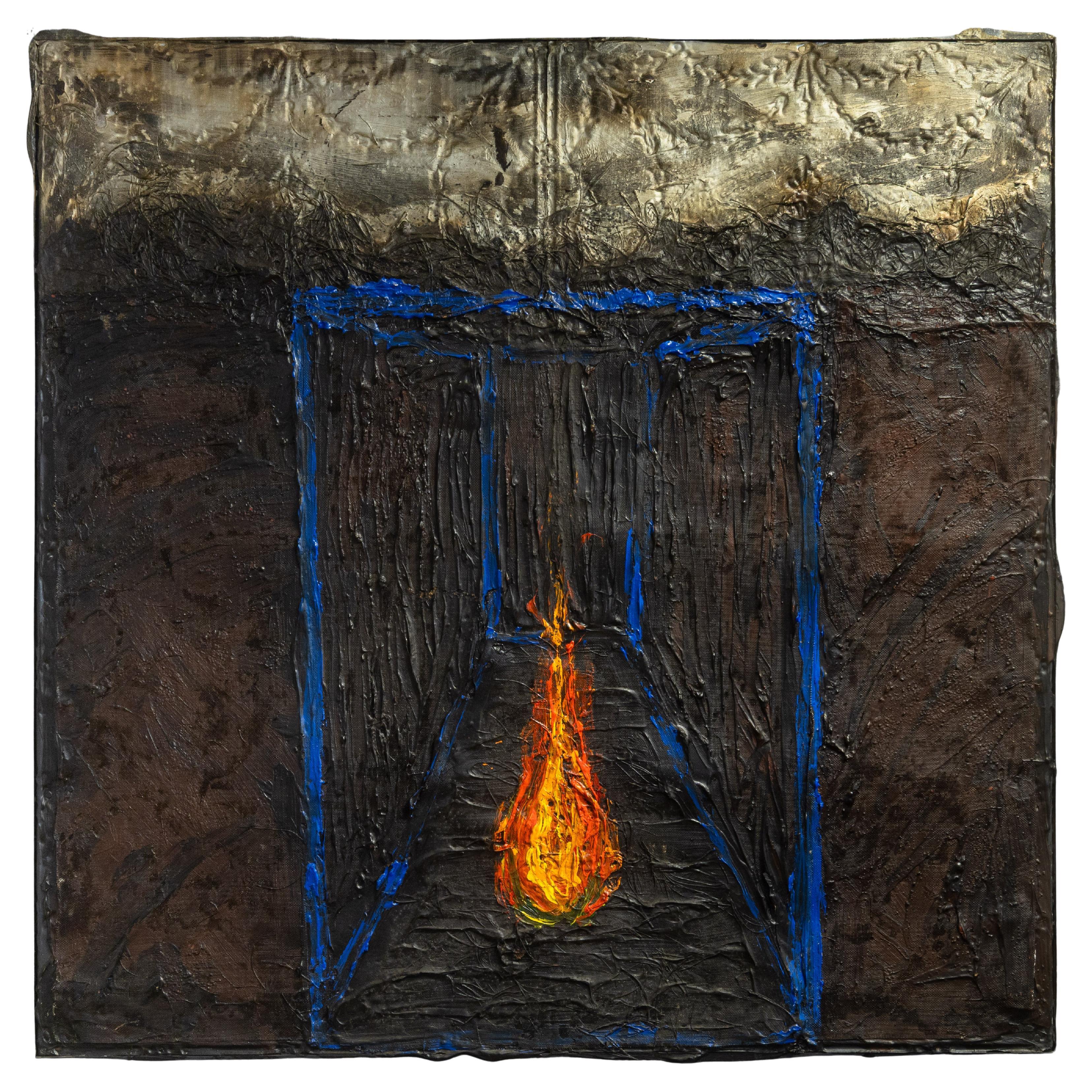 Postmoderne abstrakte Surrealismus Impasto Öl auf antiker Holztäfelung Signiert im Angebot