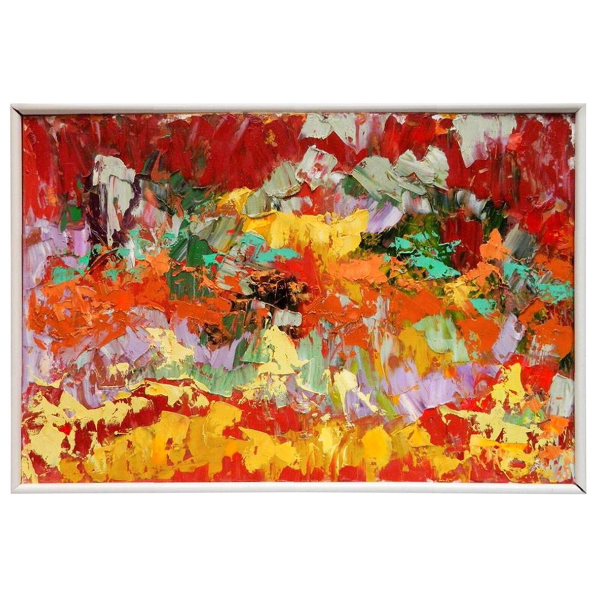 Postmodern Abstraction oil on canvas, Arnold Schreibman, 1991, Red yellow green For Sale