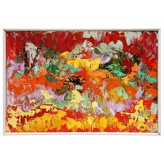 Abstracción posmoderna óleo sobre lienzo, Arnold Schreibman, 1991, Rojo amarillo verde