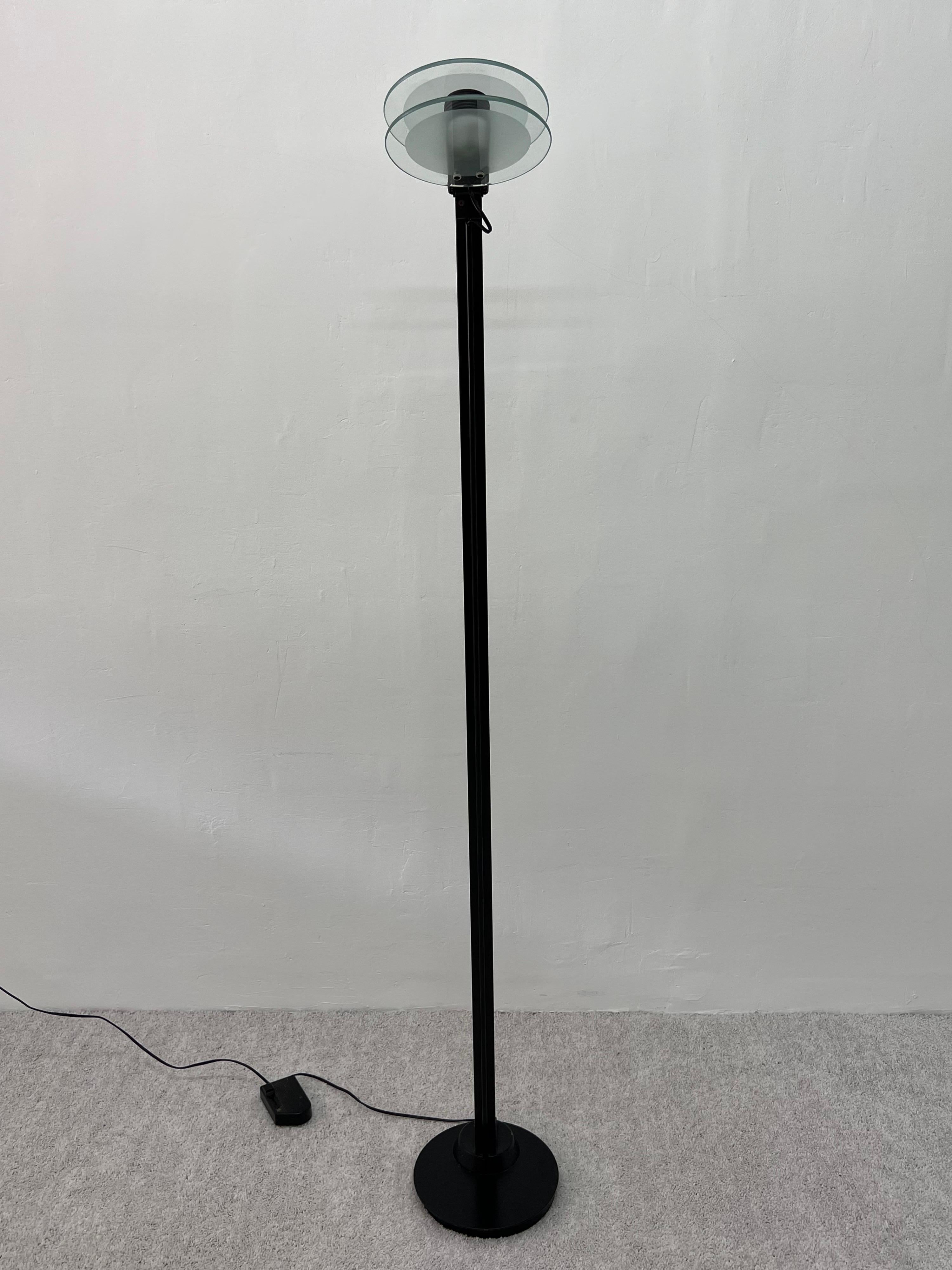 Steel Postmodern Belux Adjustable Head Floor Lamp with Double Glass Pane Diffuser For Sale