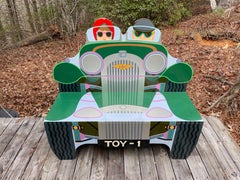 Postmodern American Folk Art Bench in Form of Couple Driving Morgan Car, Signed