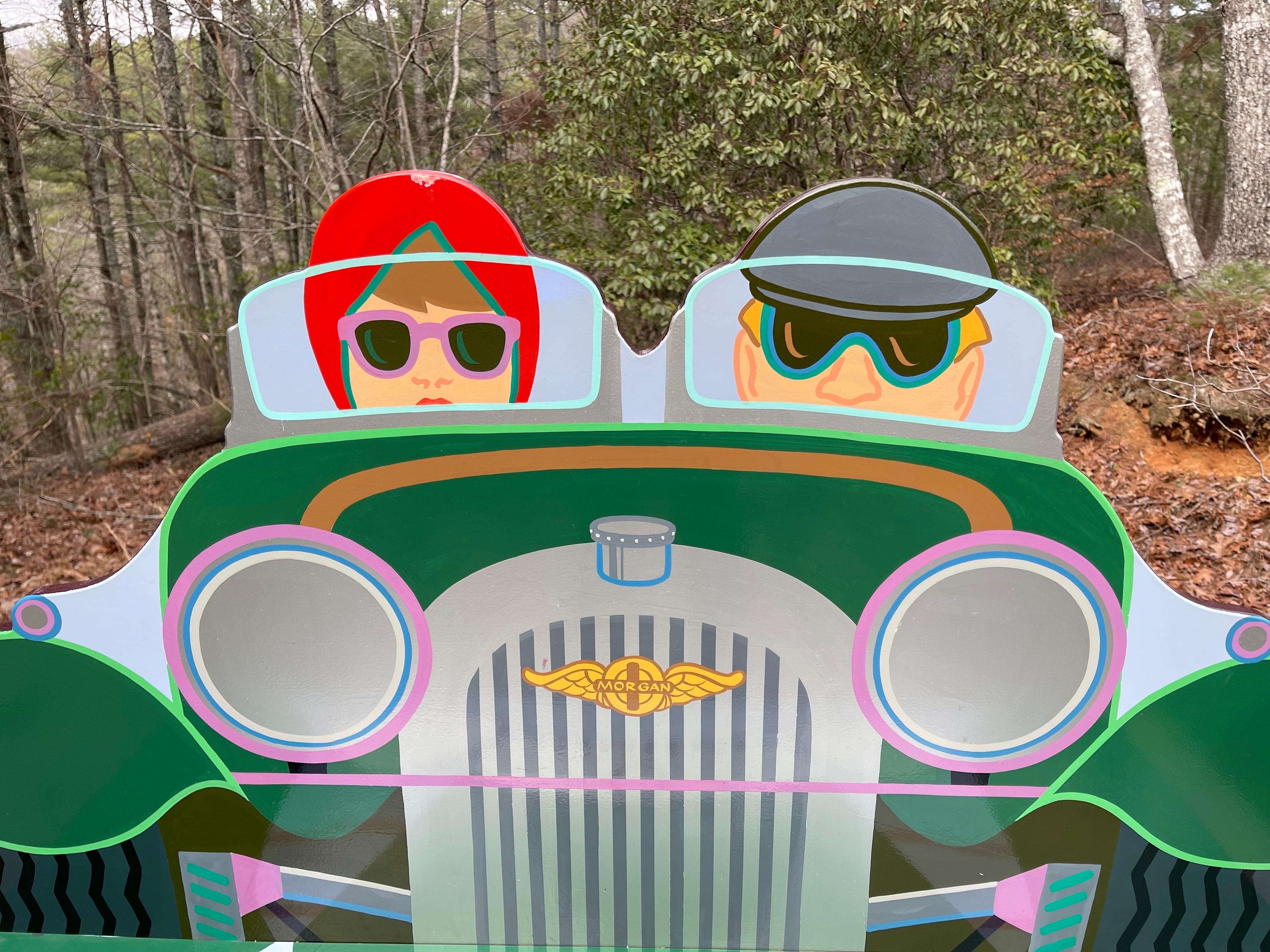 Wood Postmodern American Folk Art Bench in Form of Couple Driving Morgan Car, Signed For Sale