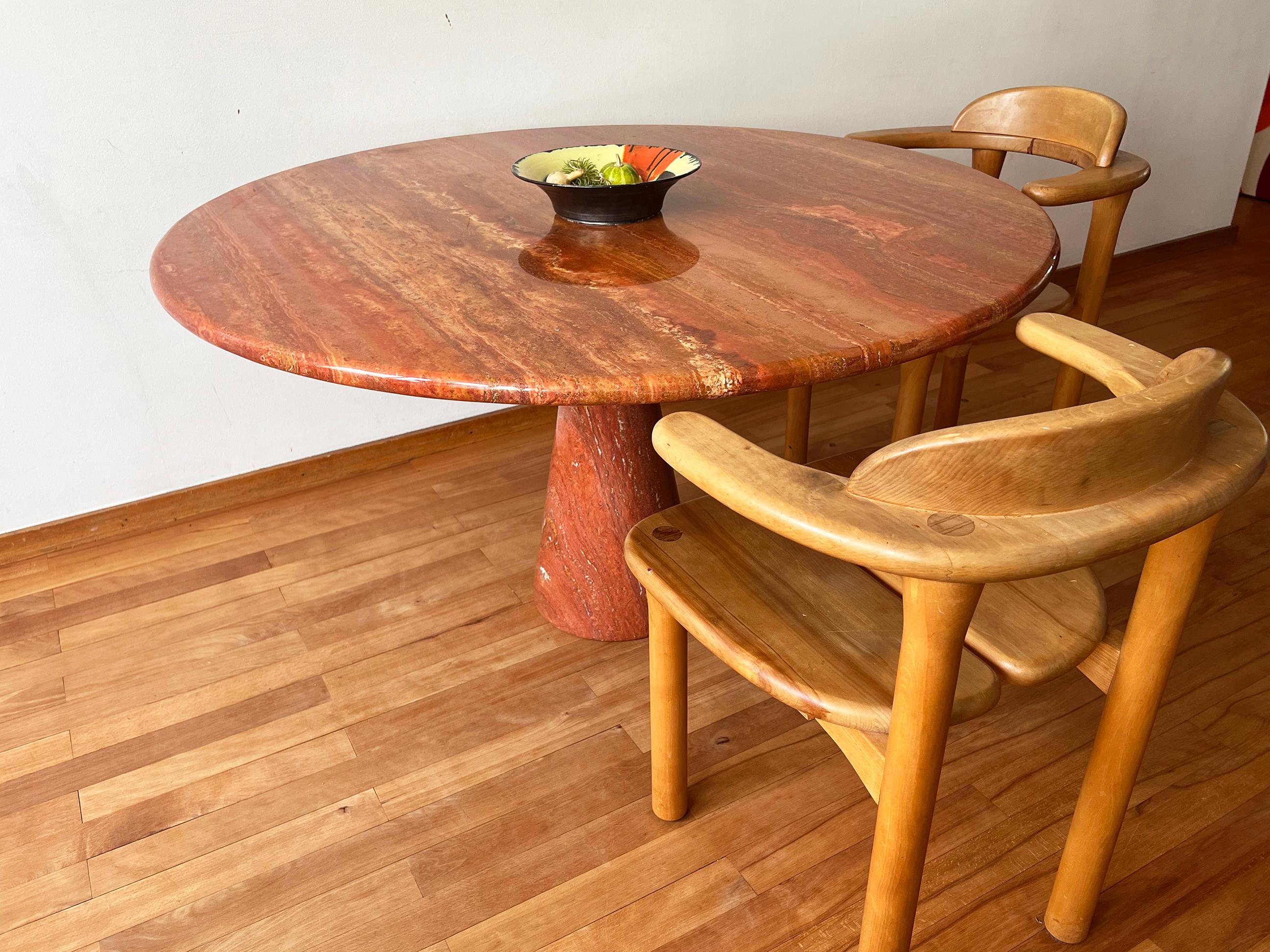 Postmodern Angelo Mangiarotti Travertine Salmon Dining Table w/ Pedestal Base For Sale 5