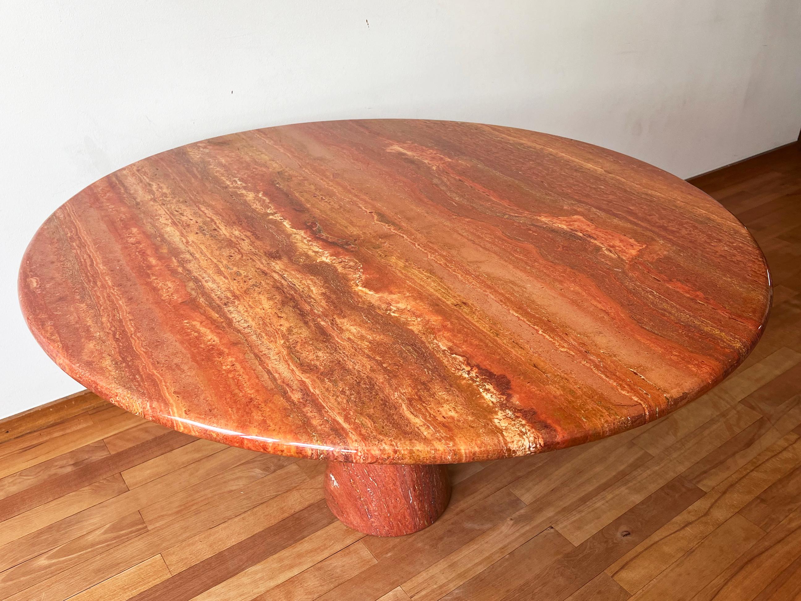 Late 20th Century Postmodern Angelo Mangiarotti Travertine Salmon Dining Table w/ Pedestal Base For Sale