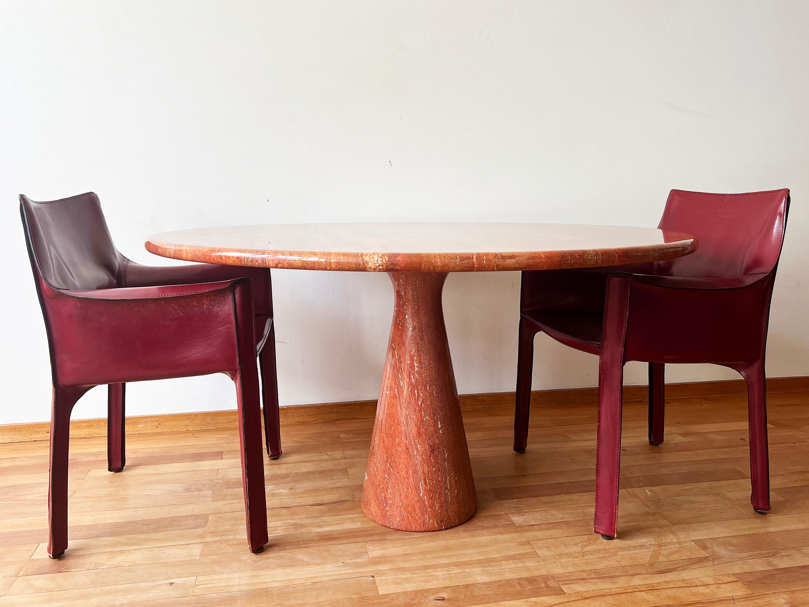 Postmodern Angelo Mangiarotti Travertine Salmon Dining Table w/ Pedestal Base For Sale 1