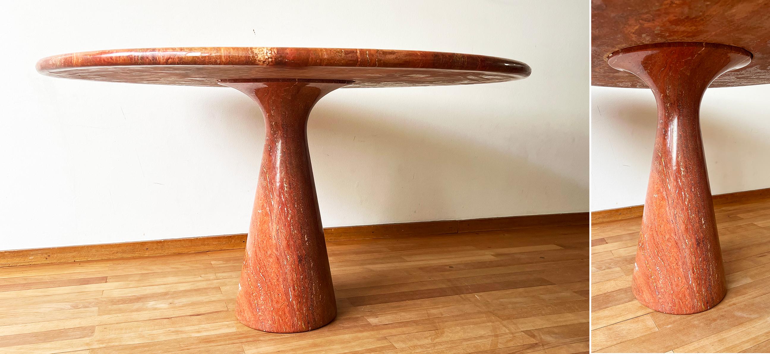 Table de salle à manger postmoderne Angelo Mangiarotti en travertin saumon avec base sur piédestal en vente 2