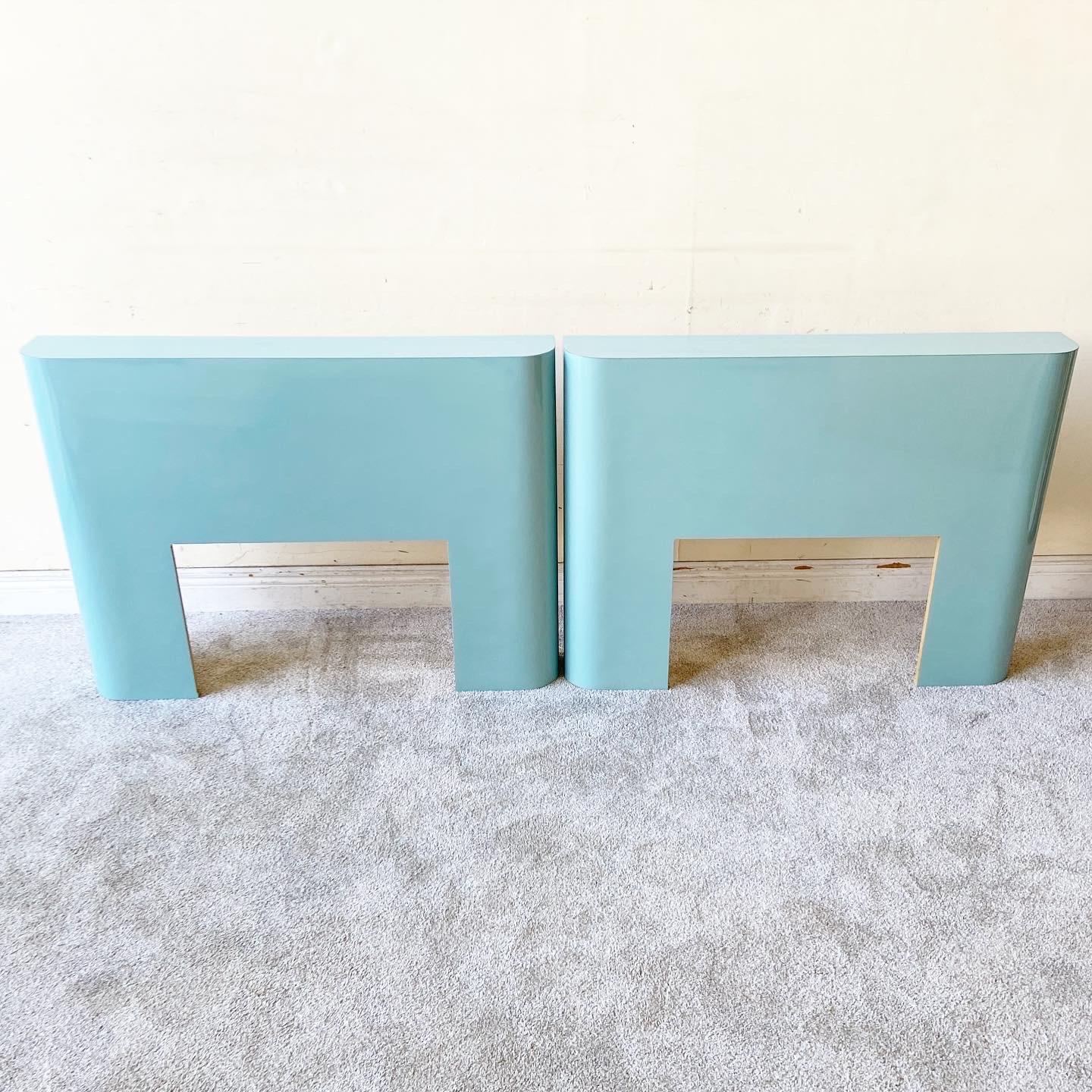 Post-Modern Postmodern Aqua Blue Lacquer Laminate Twin Headboards, a Pair