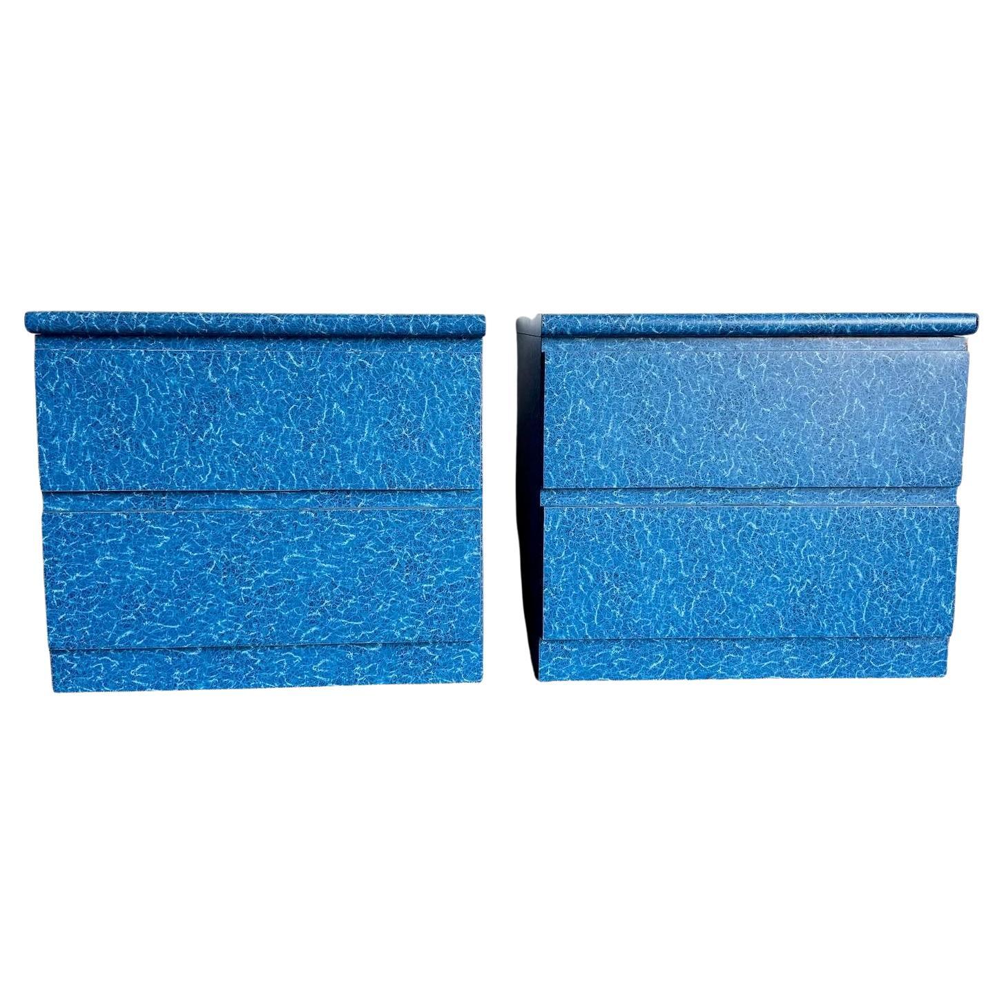 Postmodern Aquatic Blue Laminate Nightstands - a Pair