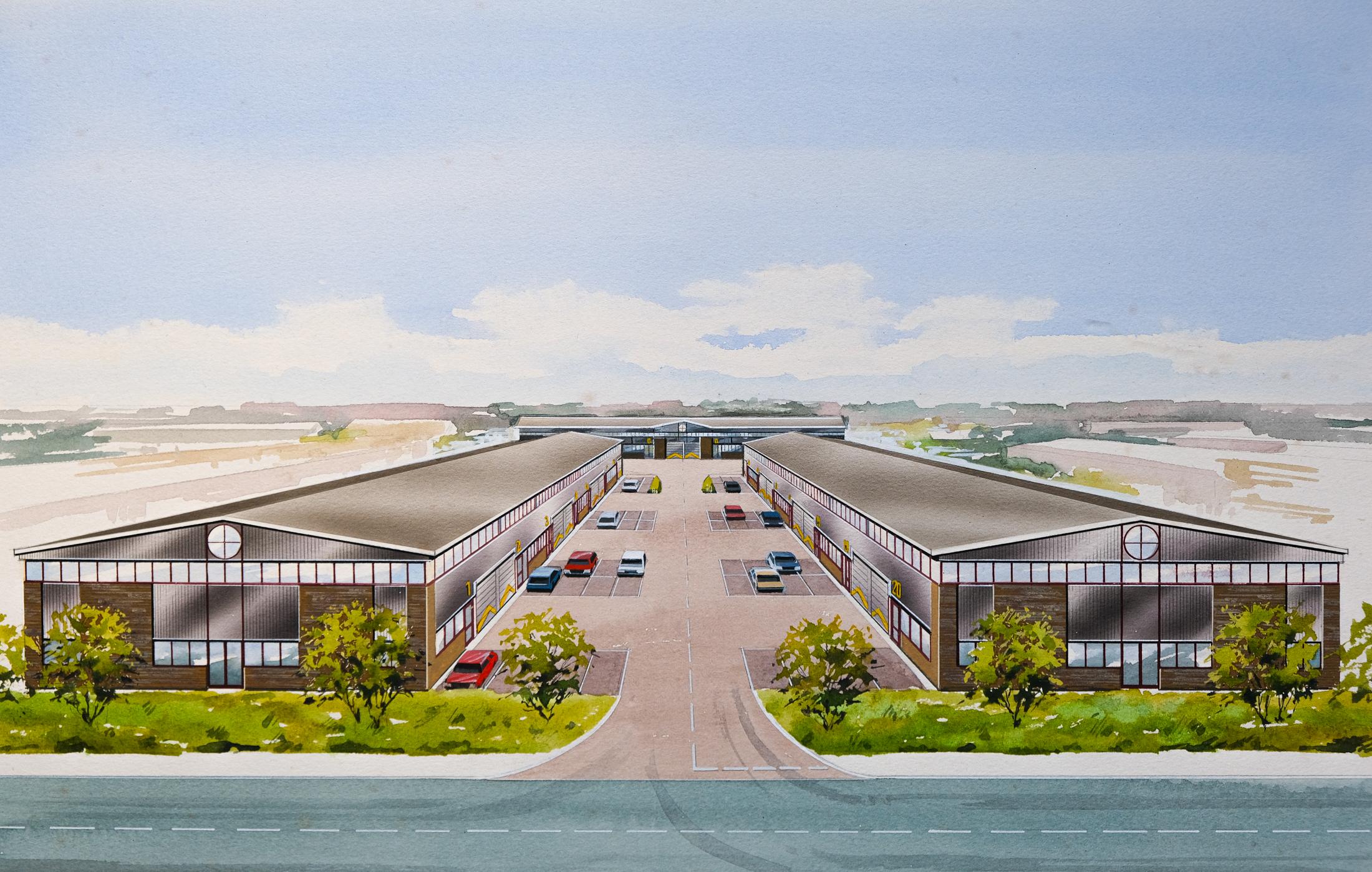 For sale, is a vintage architectural Postmodern design illustration or 'visualisation', on board, of an Industrial Estate in Northolt, UK dating from 1990. 

This unique airbrush and watercoloured work is signed in pencil by the artist, 