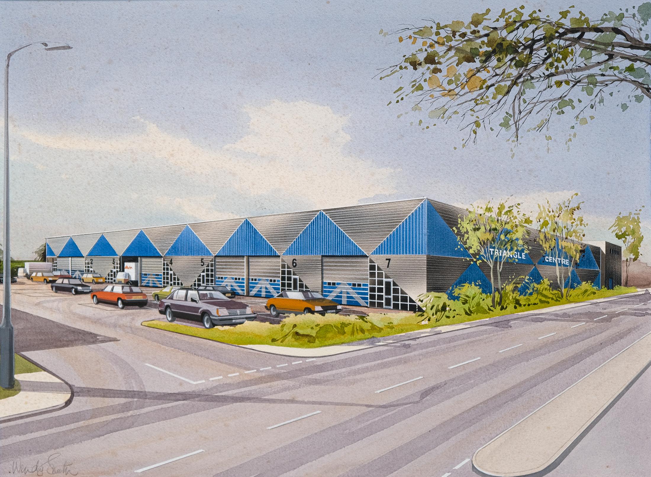 For sale, is a vintage architectural Postmodern design illustration or 'visualisation', on board, of an Industrial Estate in Southall, UK dating from 1988. 

This unique airbrush and watercoloured work is signed in pencil by the artist, 