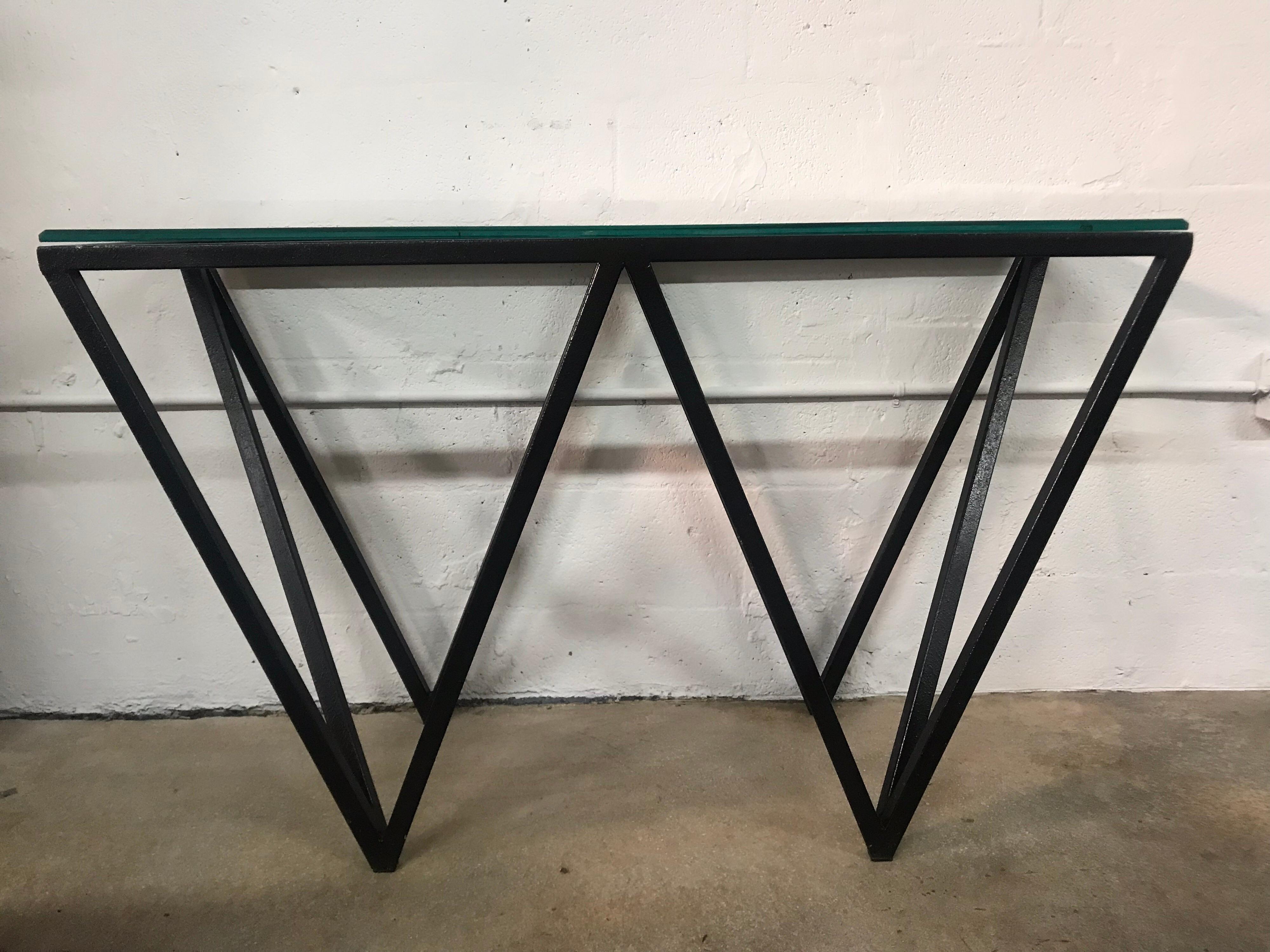 Painted Postmodern Architectural Black Steel and Glass Console or Sofa Table