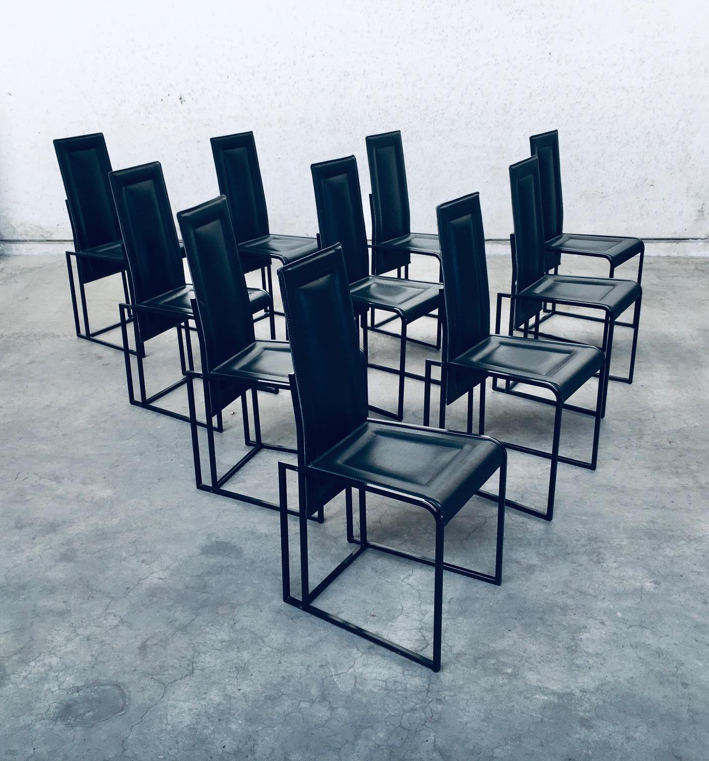Vintage Postmodern Modern Architectural design set of 10 dining chairs, made in Italy 1980's. Black leather seat and back rest on black laquered metal architectural square open frame shaped base. Padding on the back rest and on the seat in the
