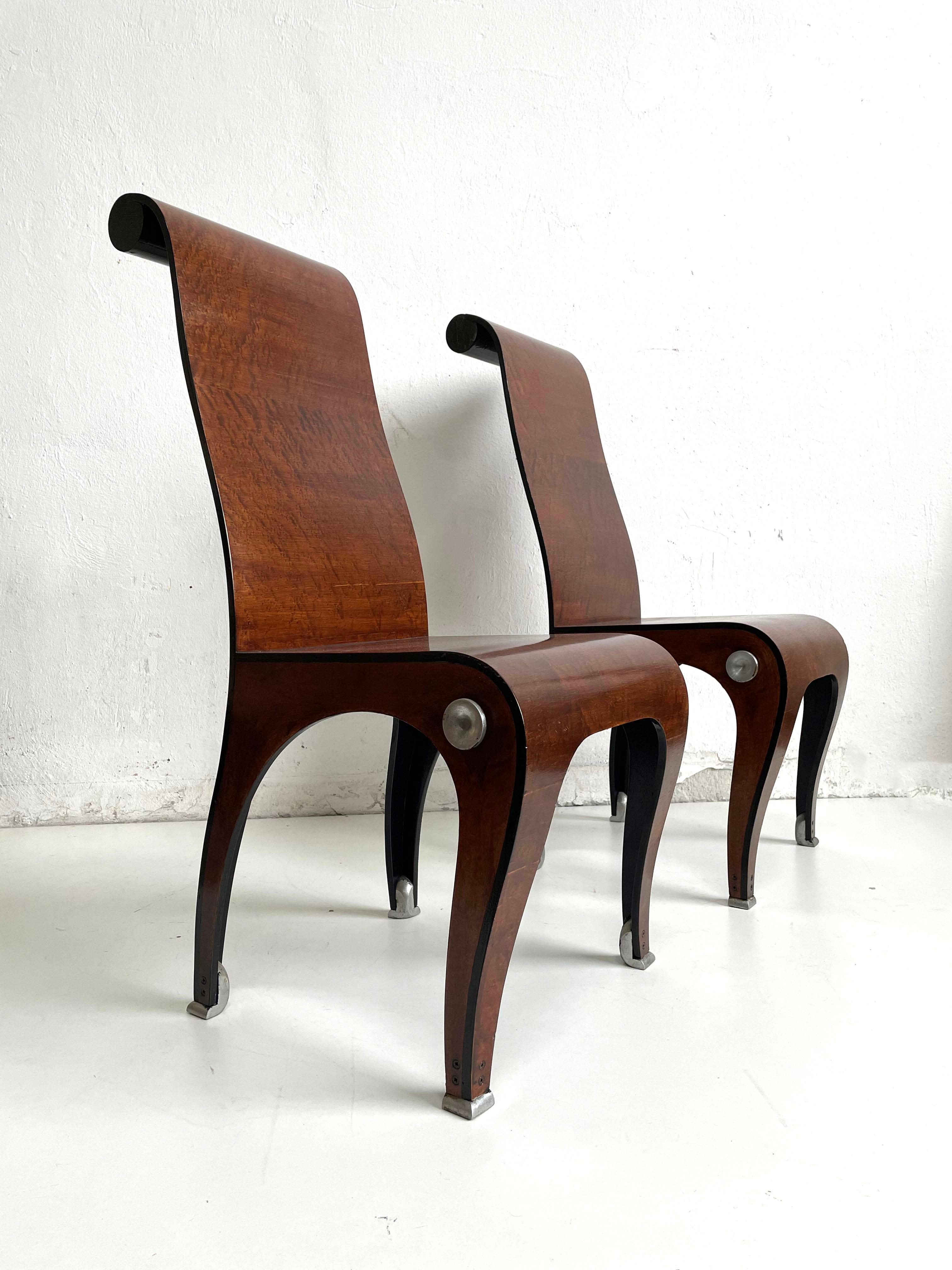 European Postmodern Art Deco Style Artisan Burr Walnut Veneered Plywood Chairs, Set of 2
