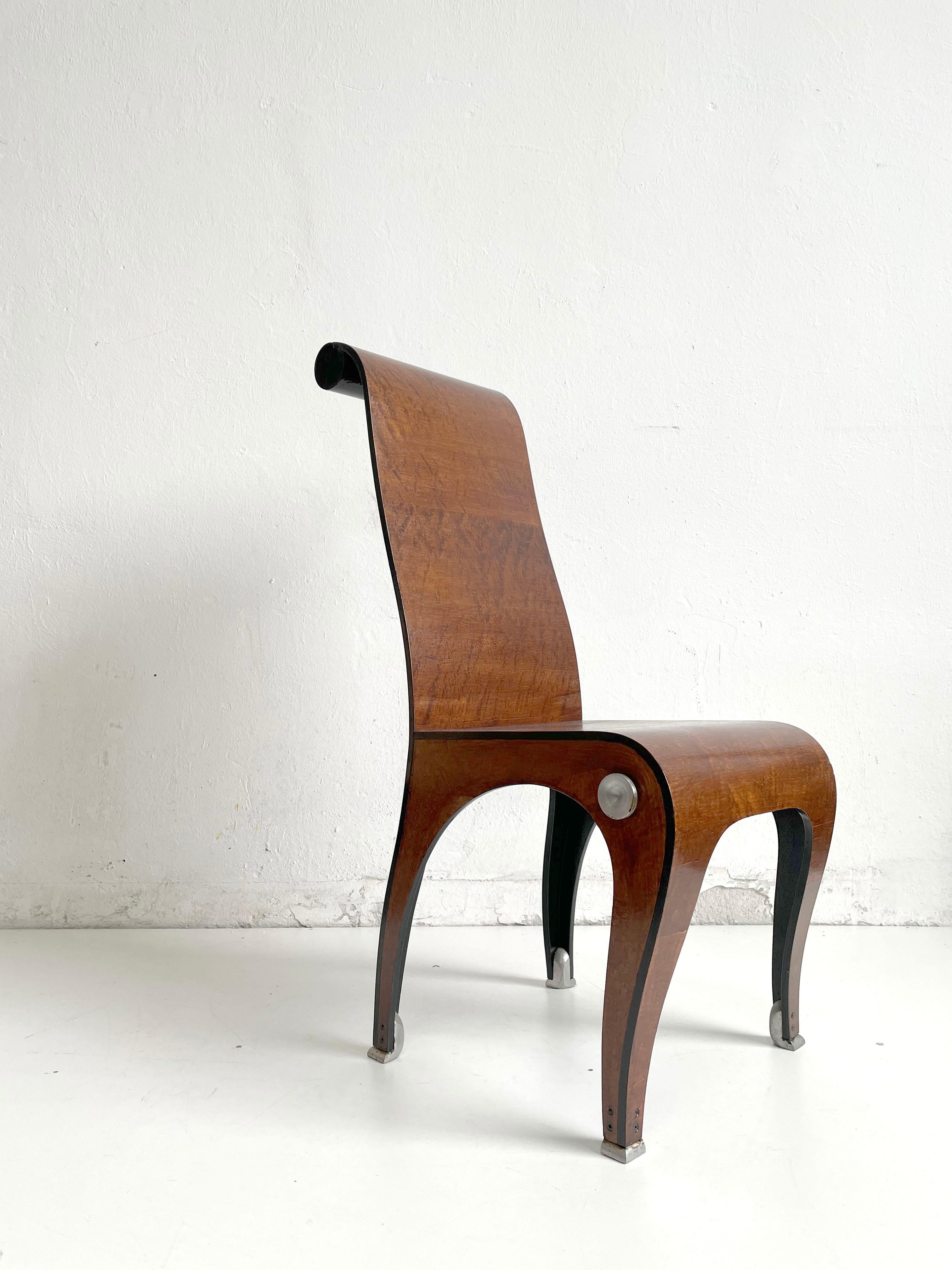 20th Century Postmodern Art Deco Style Artisan Burr Walnut Veneered Plywood Chairs, Set of 2